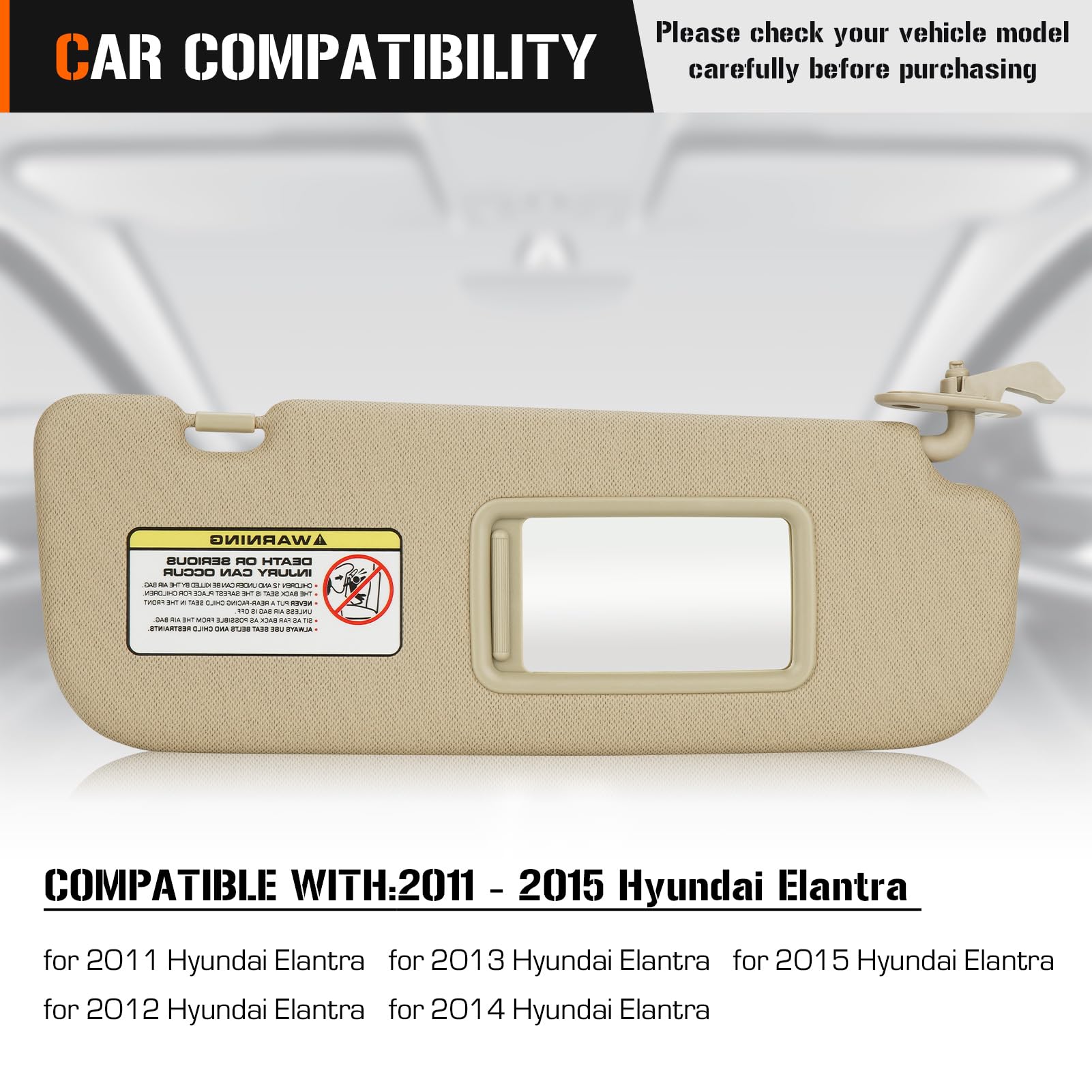 Sun Visor for 2011-2015 Hyundai Elantra, Right Passenger Side Beige Sunvisor Replacement 852203X000TX