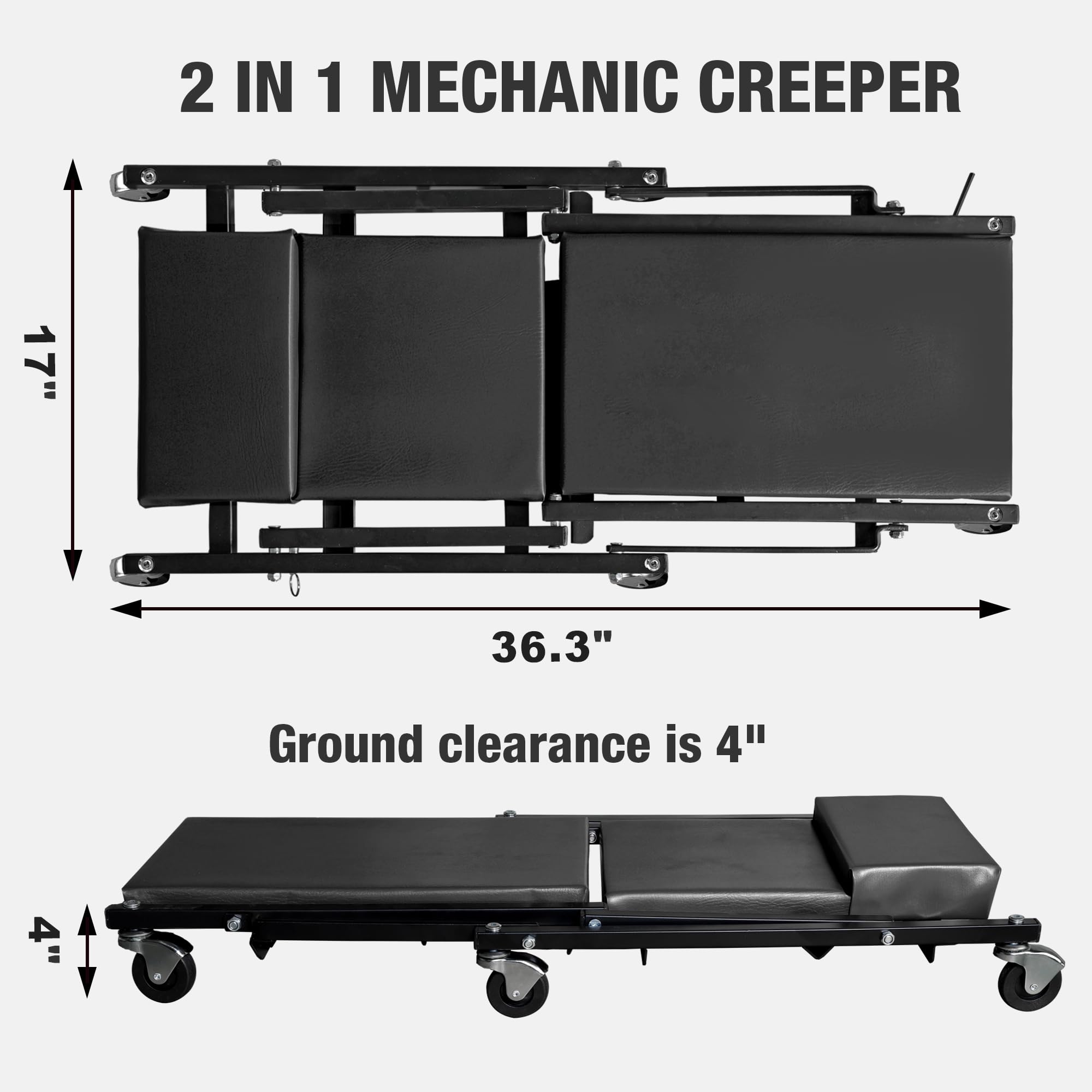 Big Red 36'' Rolling Foldable Automotive Creeper, Car Creeper, 2-In-1 Garage Shop Creeper For Auto Repair, 300 Lbs Capacity, Bla
