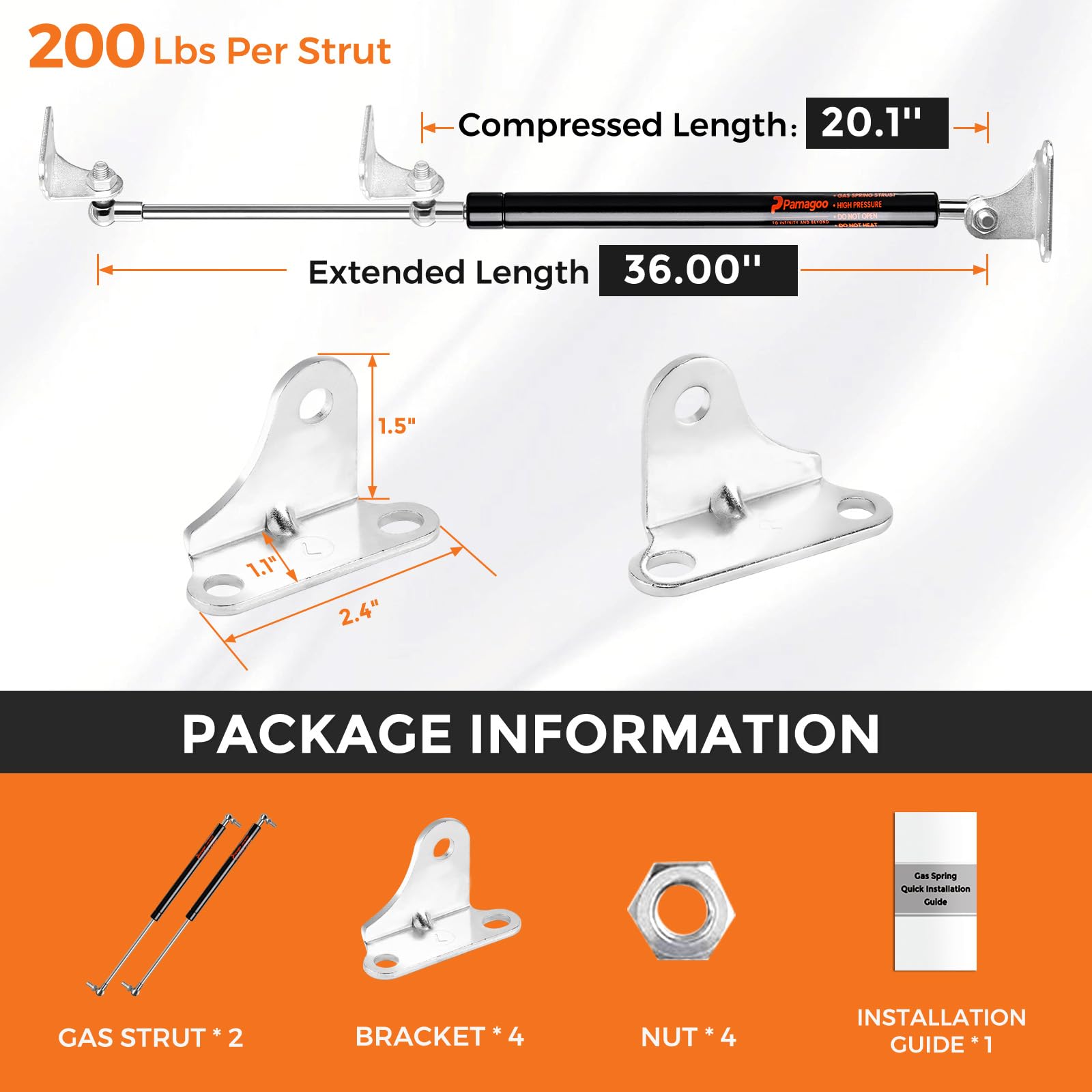Pamagoo 36 Inch 200 Lbs 890 N Gas Strut, 2Pcs 36'' Shocks With Mounting Brackets For Heavy Duty Lid Cover Rv Bed Basement Hatch