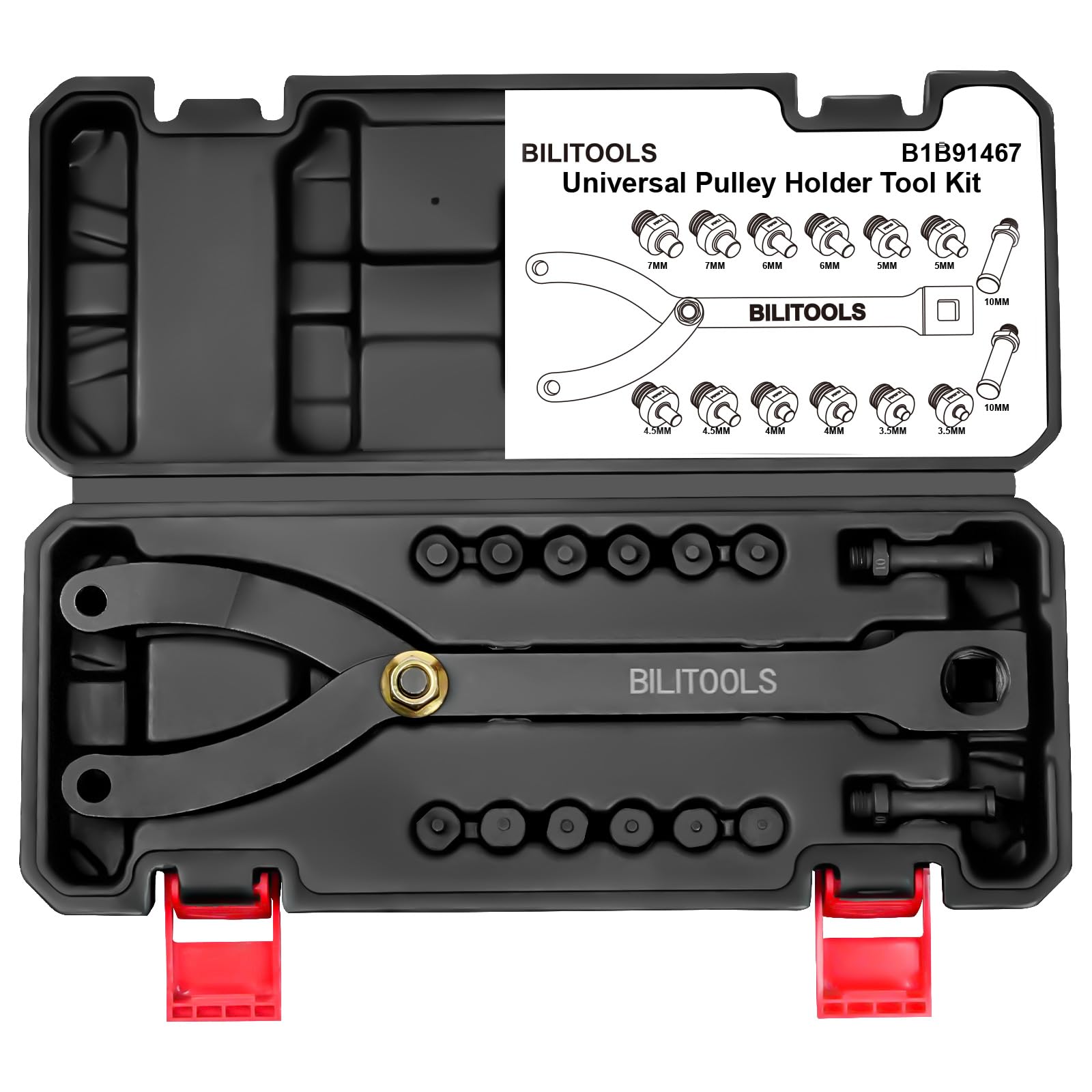 BILITOOLS 15PCS Universal Pulley Holder Tool Kit, 1/2-inch drive ratchet Adjustable Spanner Wrench with Variable Pins 3.5mm, 4mm