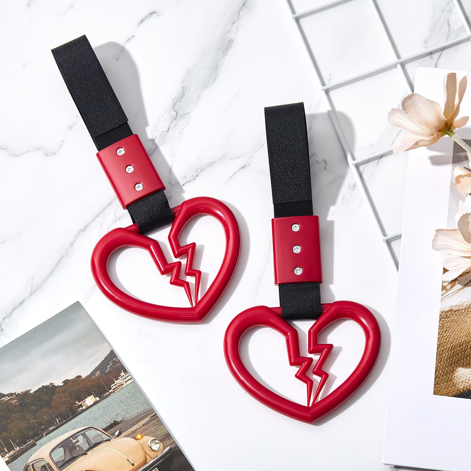 Fabbay 2 Pieces Heart Handle Keychains Car Accessory Heart Hand Strap Drift Charm For Car Interior Exterior Decoration (Red,Hear