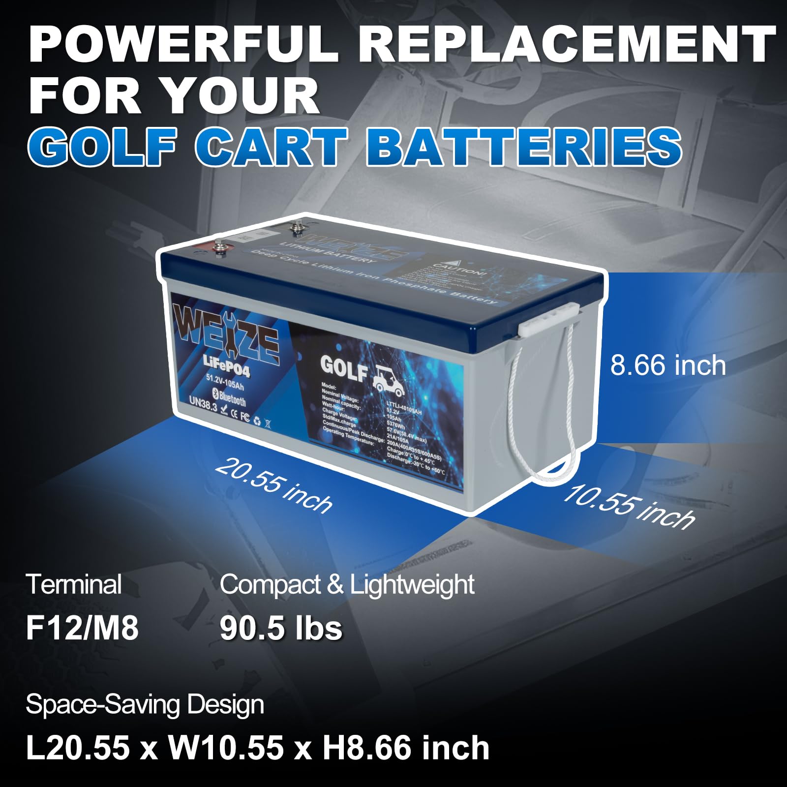 WEIZE 48V 105AH Golf Cart LiFePO4 Battery with Bluetooth, Charger, 200A BMS, LCD Display, Pack of 1, Model BAC-0126VWE