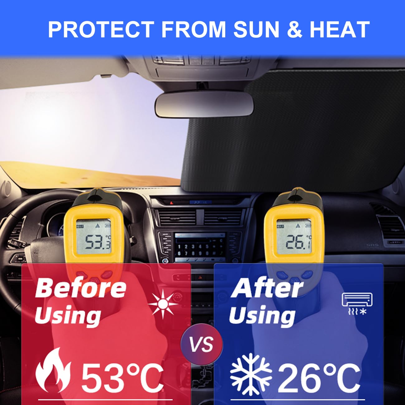 ROMASO Windshield Sun Shade for Jeep Wrangler JK/JL 1997-2024, Yellow Aluminum Foil UV Protection, Model RM049