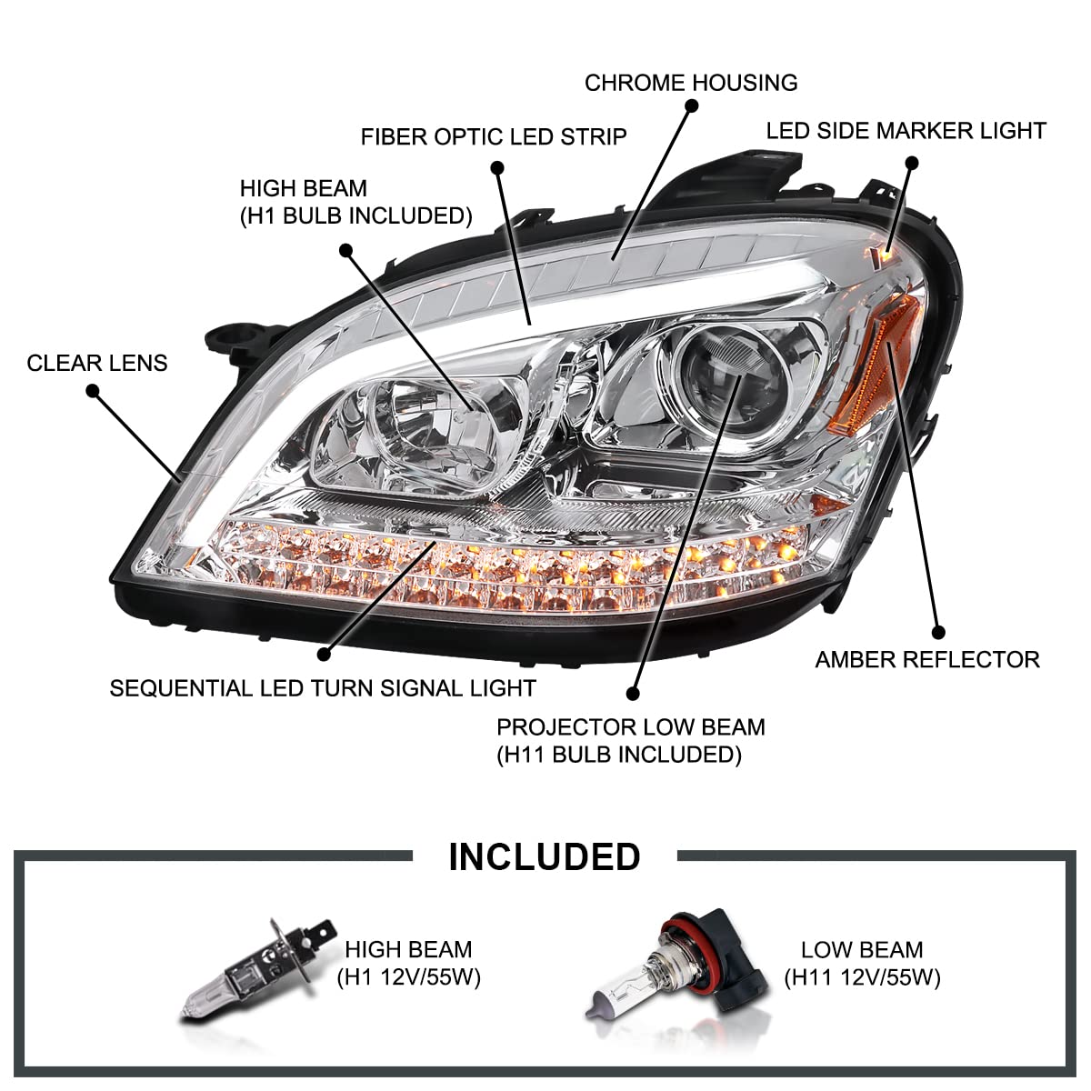 Spec-D Tuning Chrome Projector Headlights W/Led Sequential Signal Compatible With 2006-2008 Mercedes Benz W164 Ml350 Ml500 Ml-Class, Left + Right Pair Headlamps Assembly
