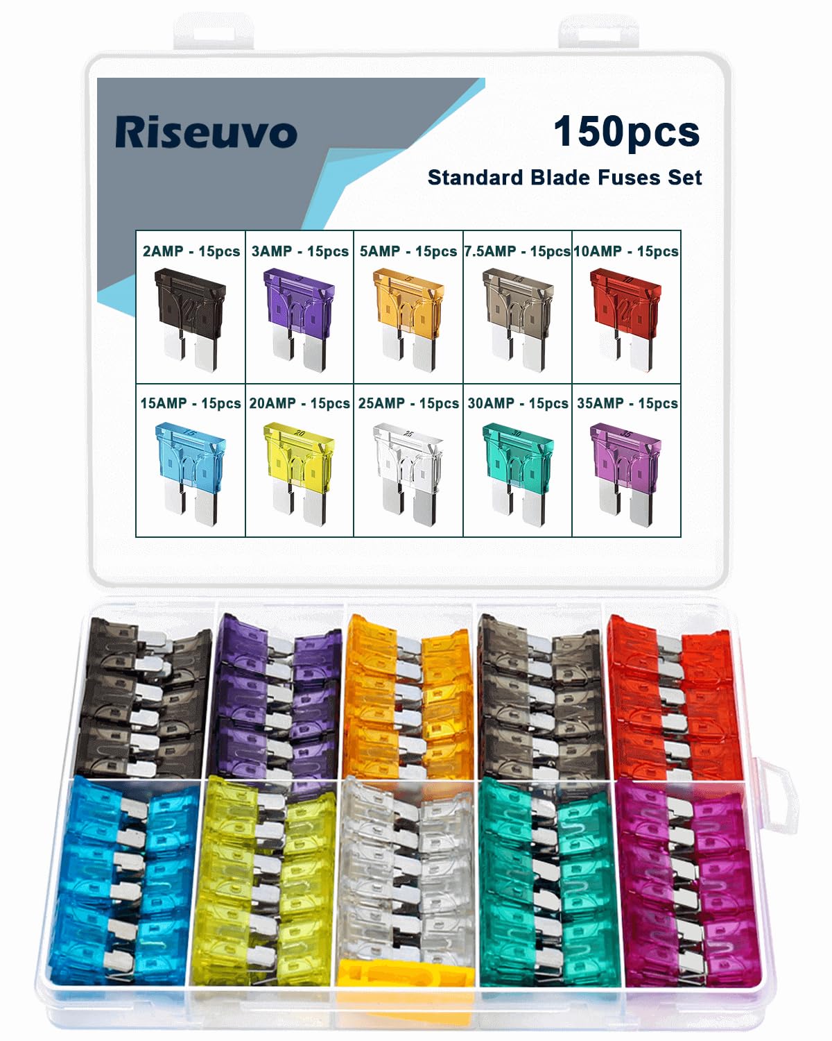 150Pcs Car Automotive Rv Standard Fuses - Auto Ato Blade Fuse Assortment Kit (2A 3A 5A 7.5A 10A 15A 20A 25A 30A 35A)