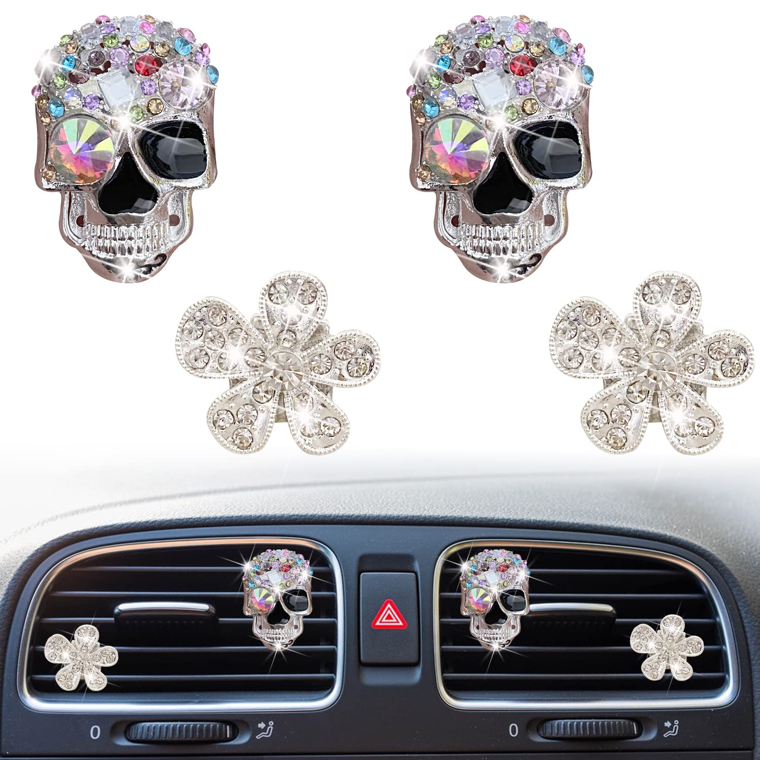 Bling Skull & Daisy Air Vent Clips, 4 Pcs Crystal Skull Car Air Fresheners Vent Clips Car Diffuser Vent Clip Rhinestone Diamond 