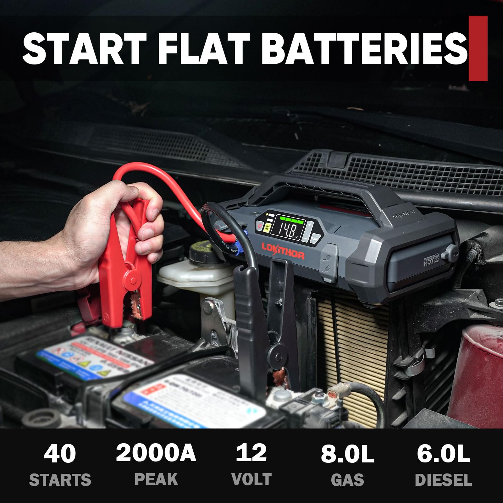 LOKITHOR JA301 Jump Starter & Air Compressor, 2000A, 150 PSI, Portable, Black, One Size, for Up to 8.0L Gas/6.0