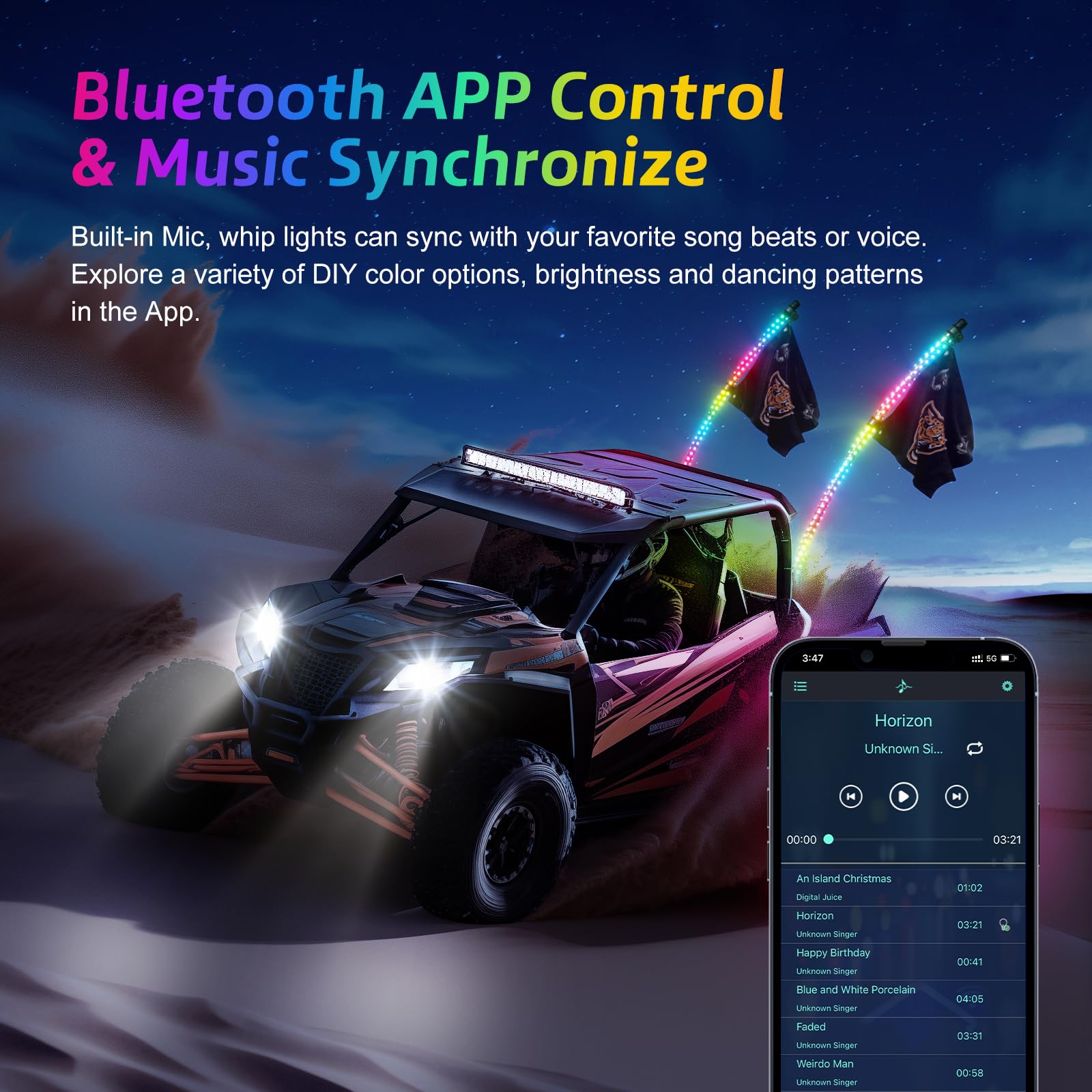 Ehaho LED Whip Lights - 1FT RGB Chasing Antenna Lights, App & Remote Control, 2 Pack for UTV ATV RZR Offroad
