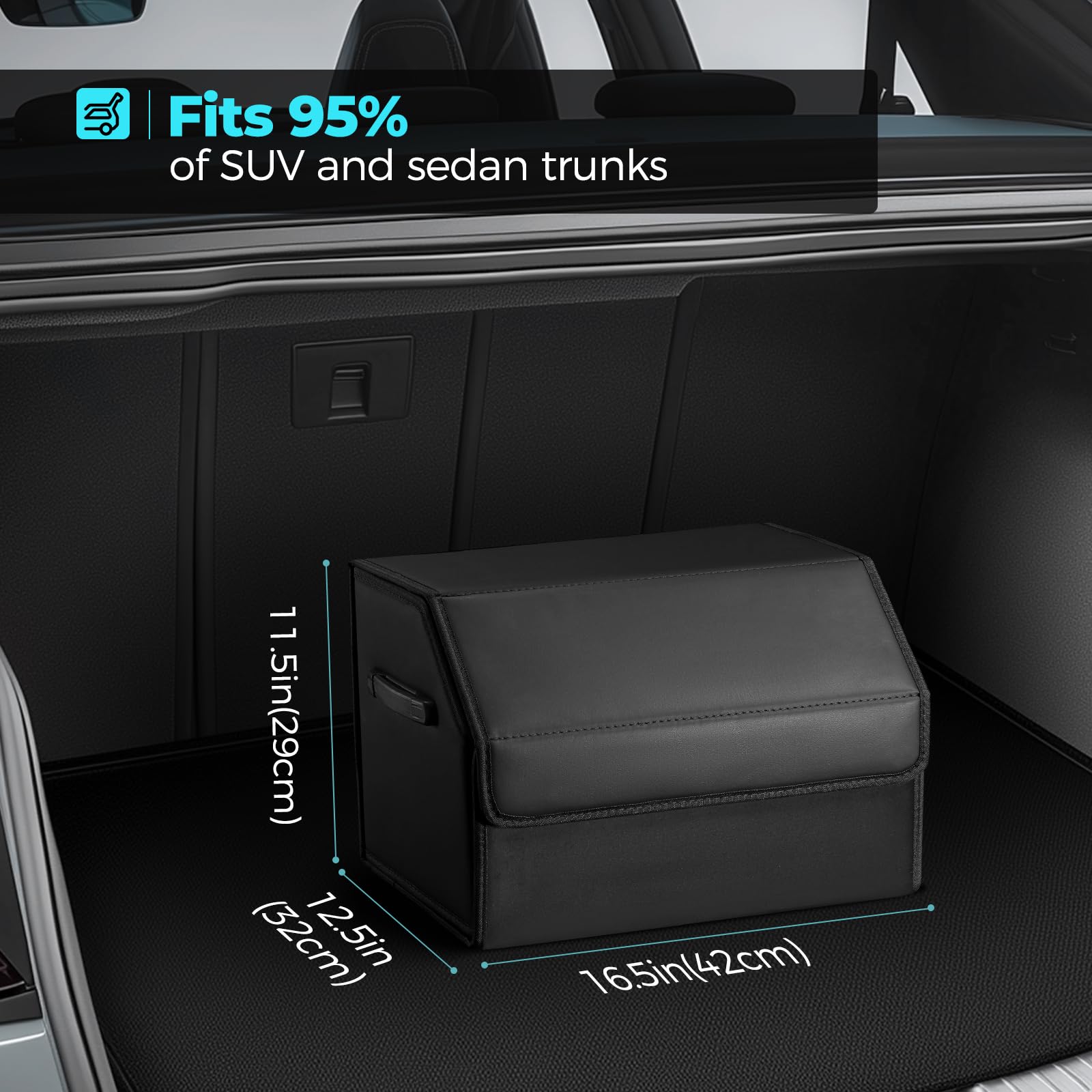 Fyzeoty Car Organizers For Trunk For Suv Sedan, Leather Storage Box,Magnetic Lid,Collapsible And Adjustable,16.5 Inches