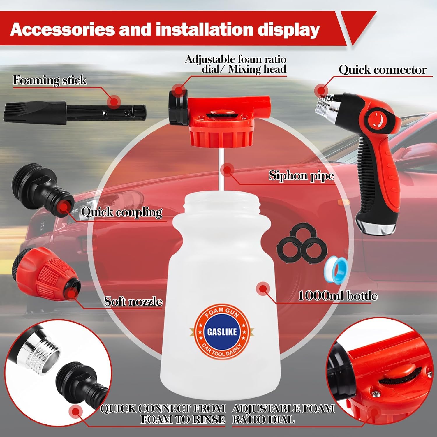 GASLIKE 63PCS Car Wash Cleaning Kit with Foam Gun, Long Handle Brush & Handheld Vacuum for Complete Car Detailing