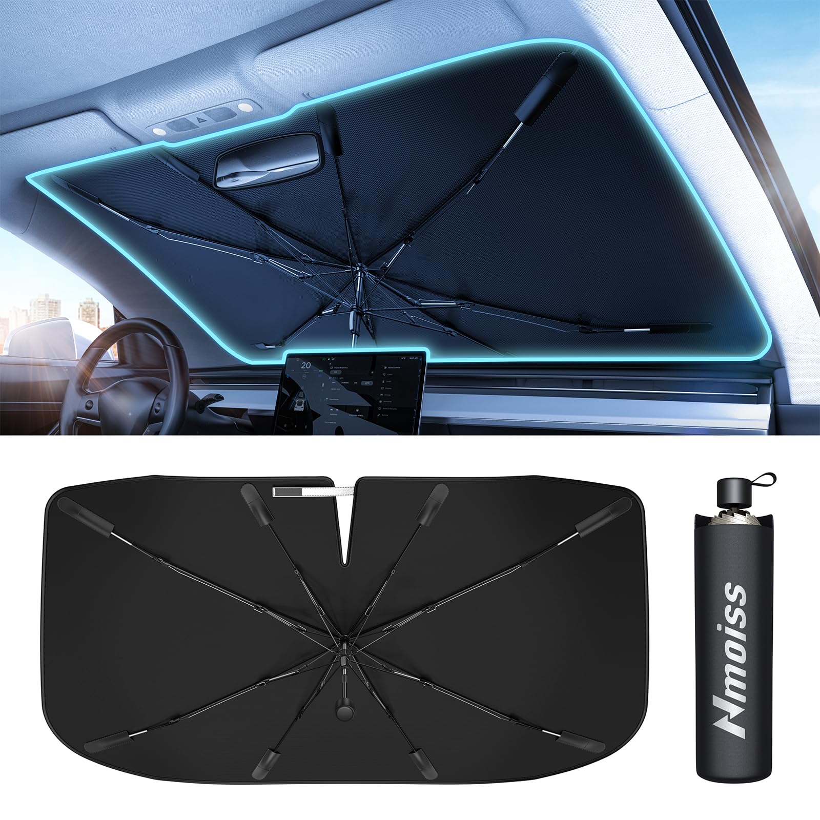 [2024 Upgrade] Nmoiss Windshield Sun Shade Umbrella For Car - [Vinyl Coating] Protect Car From Sun Rays & Heat Damage Keep Cool 