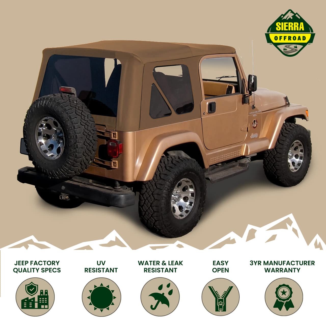 Sierra Offroad Soft Top for 1997-2006 Jeep Wrangler TJ - Spice Denim, 2 Door, Factory Fit, No Upper Door Skins