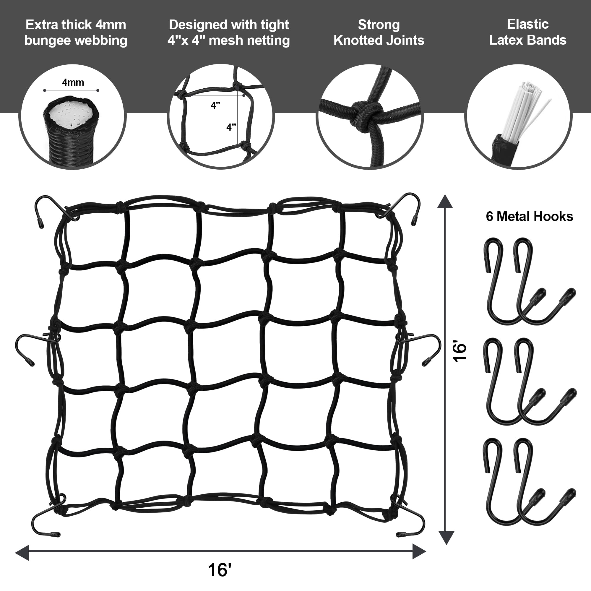 JAGASOL Cargo Nets for Motorcycle Helmet 16''X16'' Elastic Bungee Net Storage Featuring 6 Hooks Tight 2''x2'' Mesh Luggage Strap