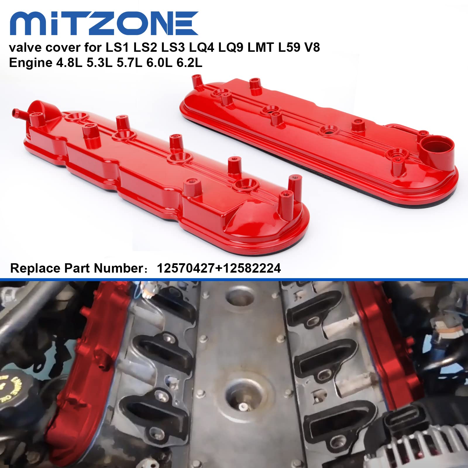MITZONE Red Aluminum Valve Covers for Silverado, Sierra, Tahoe, Yukon, Escalade, Camaro, Corvette, V8 Engines 4.8L - 6.2L