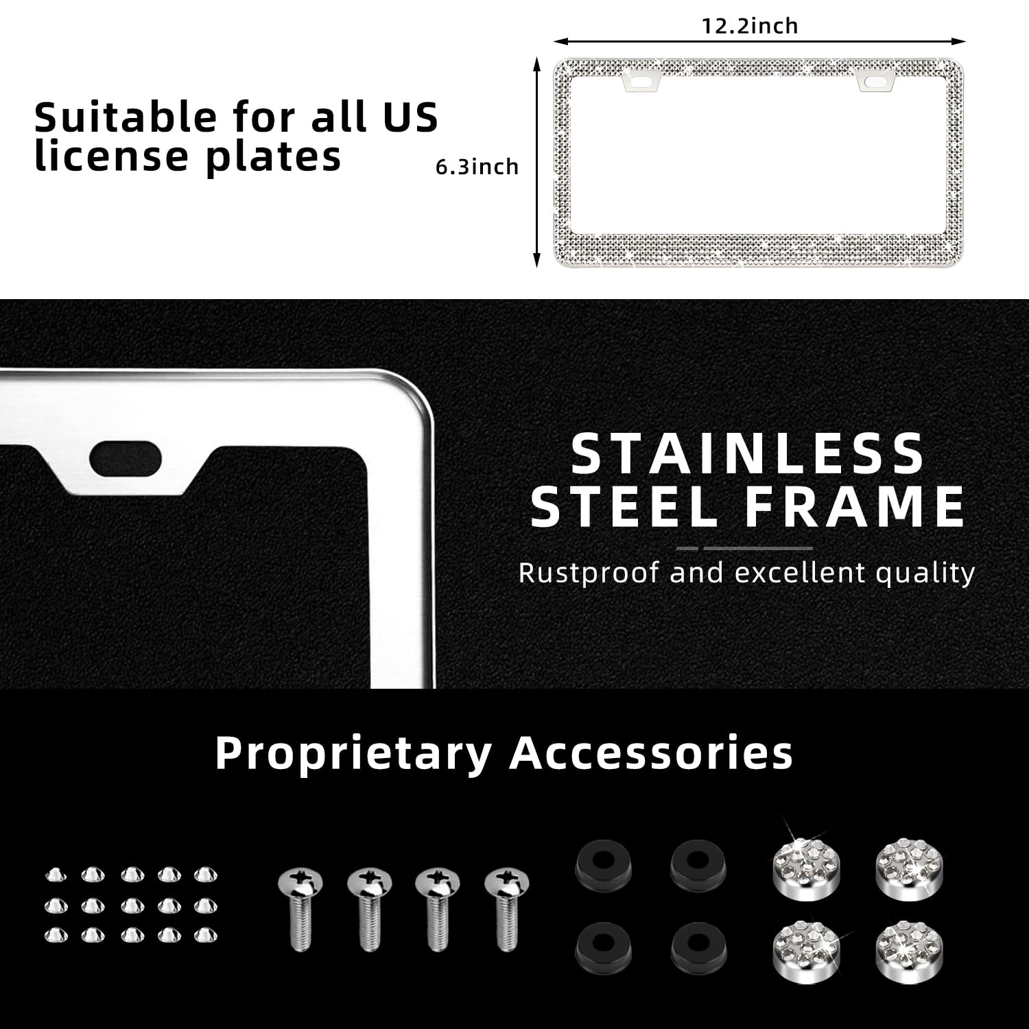 OKLPF 2 Pack White Bling License Plate Frames, Sparkly Diamond Design, Includes Screw Cap and Washer, Suitable for Men and Women