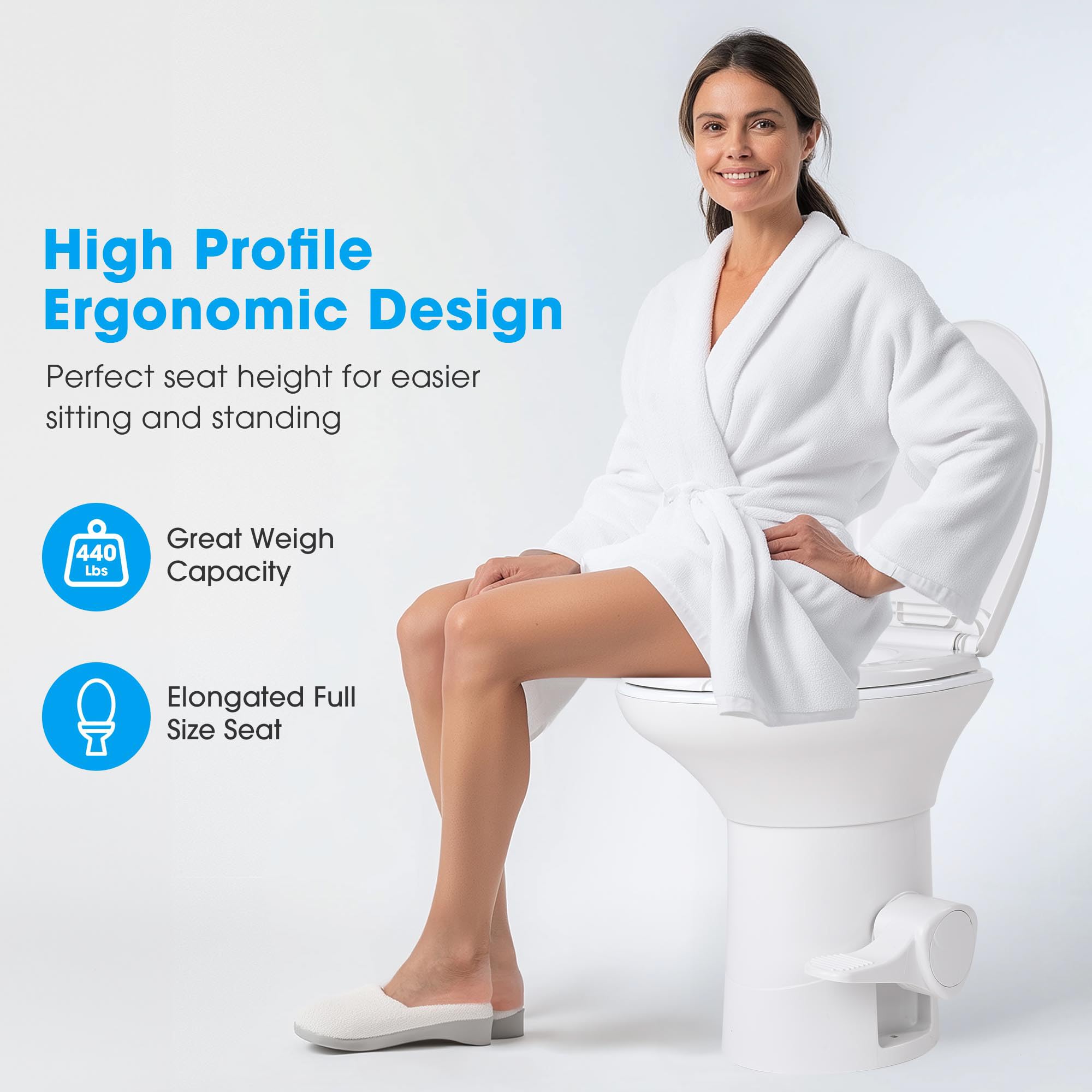 AW RV Toilet Elongated 20" High Profile Porcelain Enamel & HDPE Gravity Flush - White, Model 22GFT002-5704-0709-1