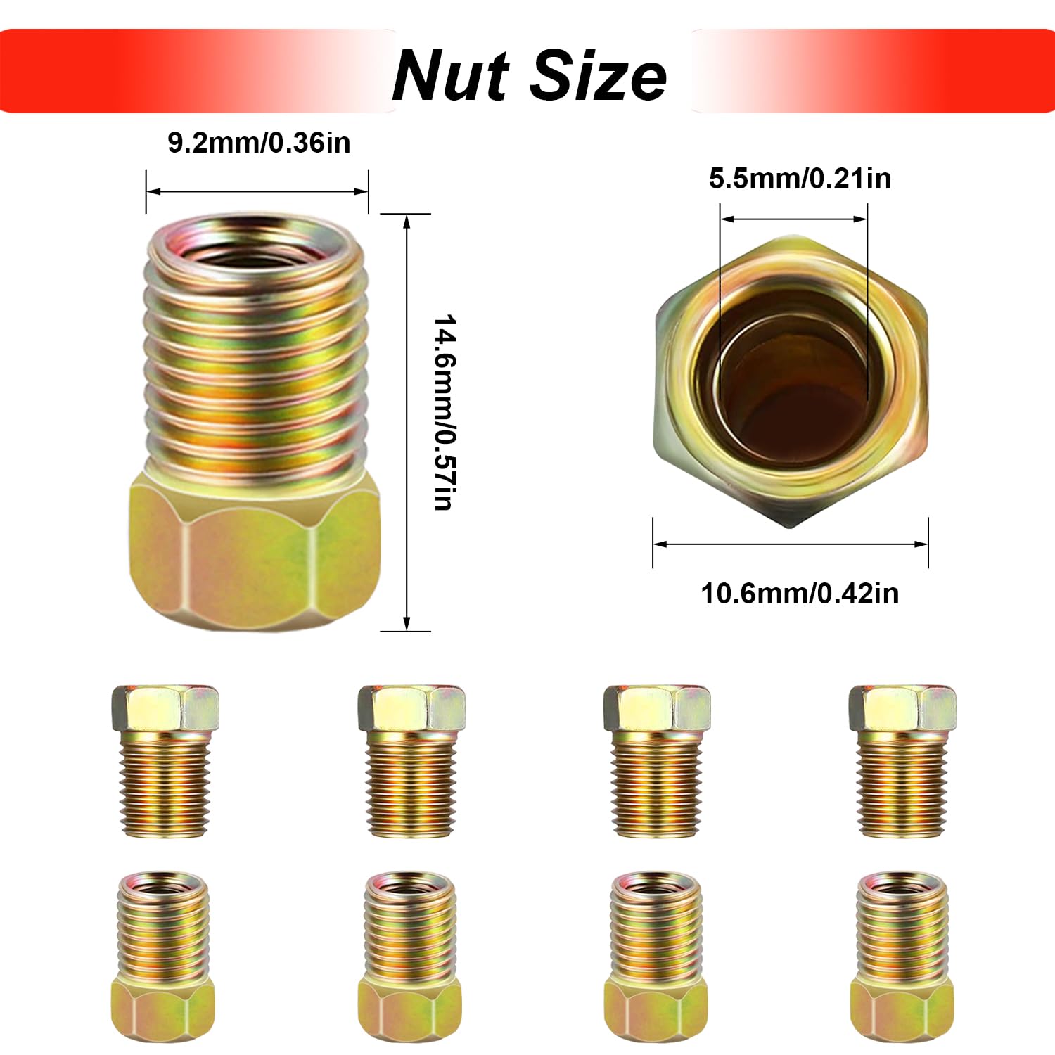 Tnisesm 12Pcs 3/8''-24 Threads Brake Line Fittings Assortment For 3/16'' Brake Line Tube(4 Unions, 8 Nuts)