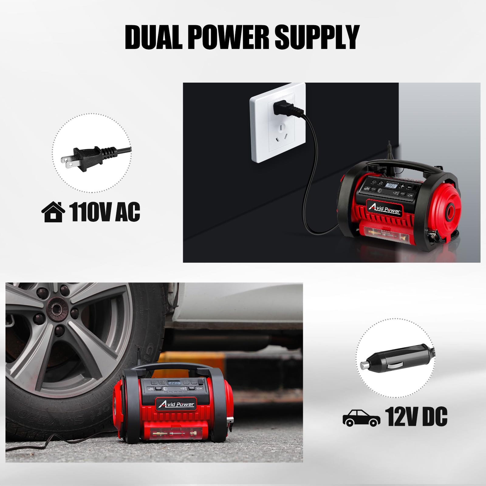 AVID POWER Portable Tire Inflator, 12V DC / 120V AC, Dual Motors, Digital Gauge, Model ACAP322, Red