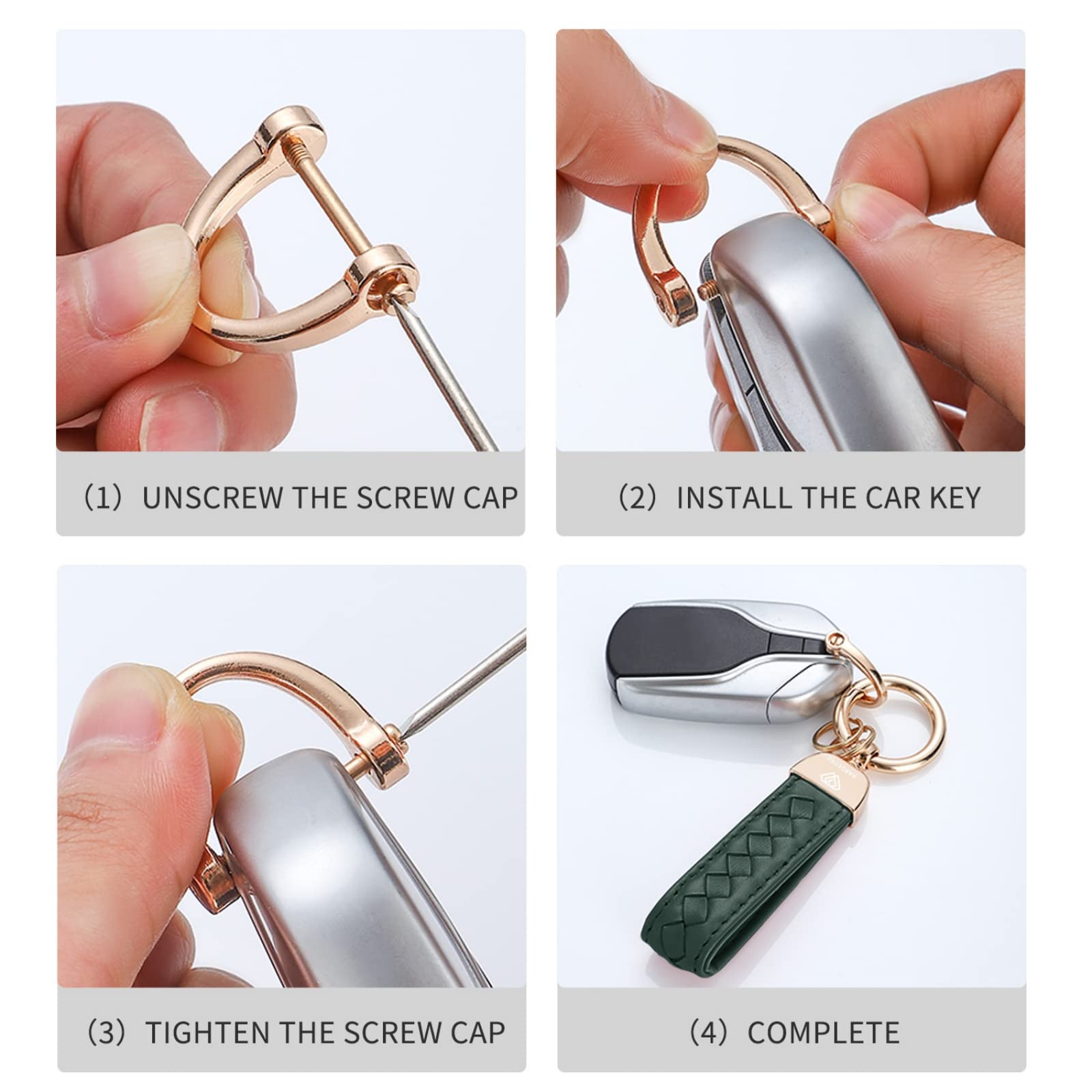 Hamdecro Genuine Leather Keychains, Handmade Knit Sheepskin Car Key Chains For Women, Universal Key Fob Holder With 360 Degree Rotatable, Anti-Lost D-Ring, 2 Keyrings And 1 Screwdriver - Green