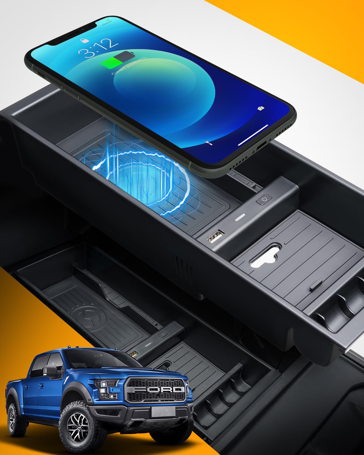 Carqiwireless Wireless Charger For F150 2009-2023 2024 2025, Center Console Organizer Box For Ford F150 Accessories F-150 2009-2