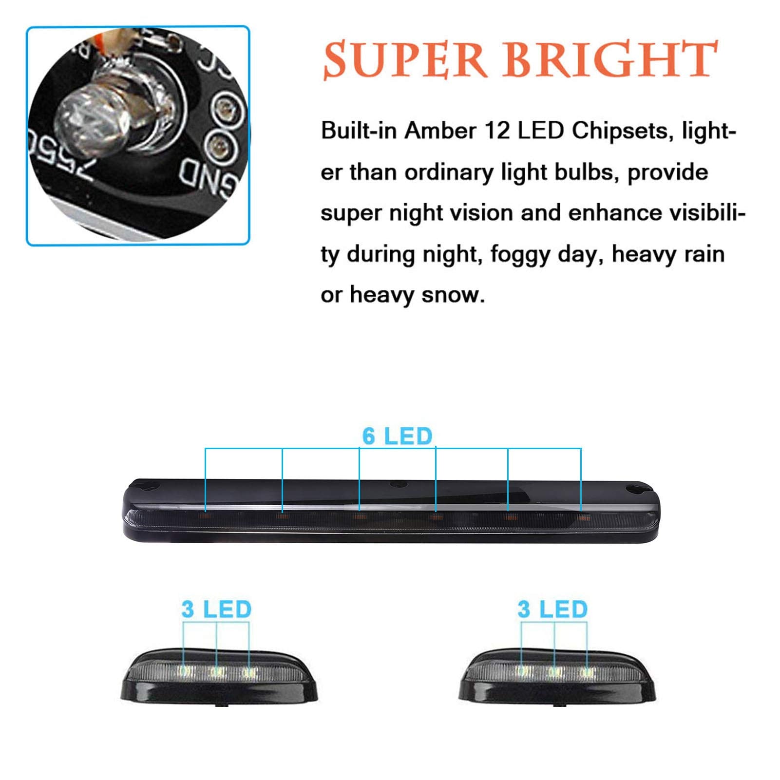 Npauto 3Pcs Silverado Cab Lights Amber 12 Led Clear Lens Cab Marker Roof Top Clearance Lights Running Light Assembly Replacement
