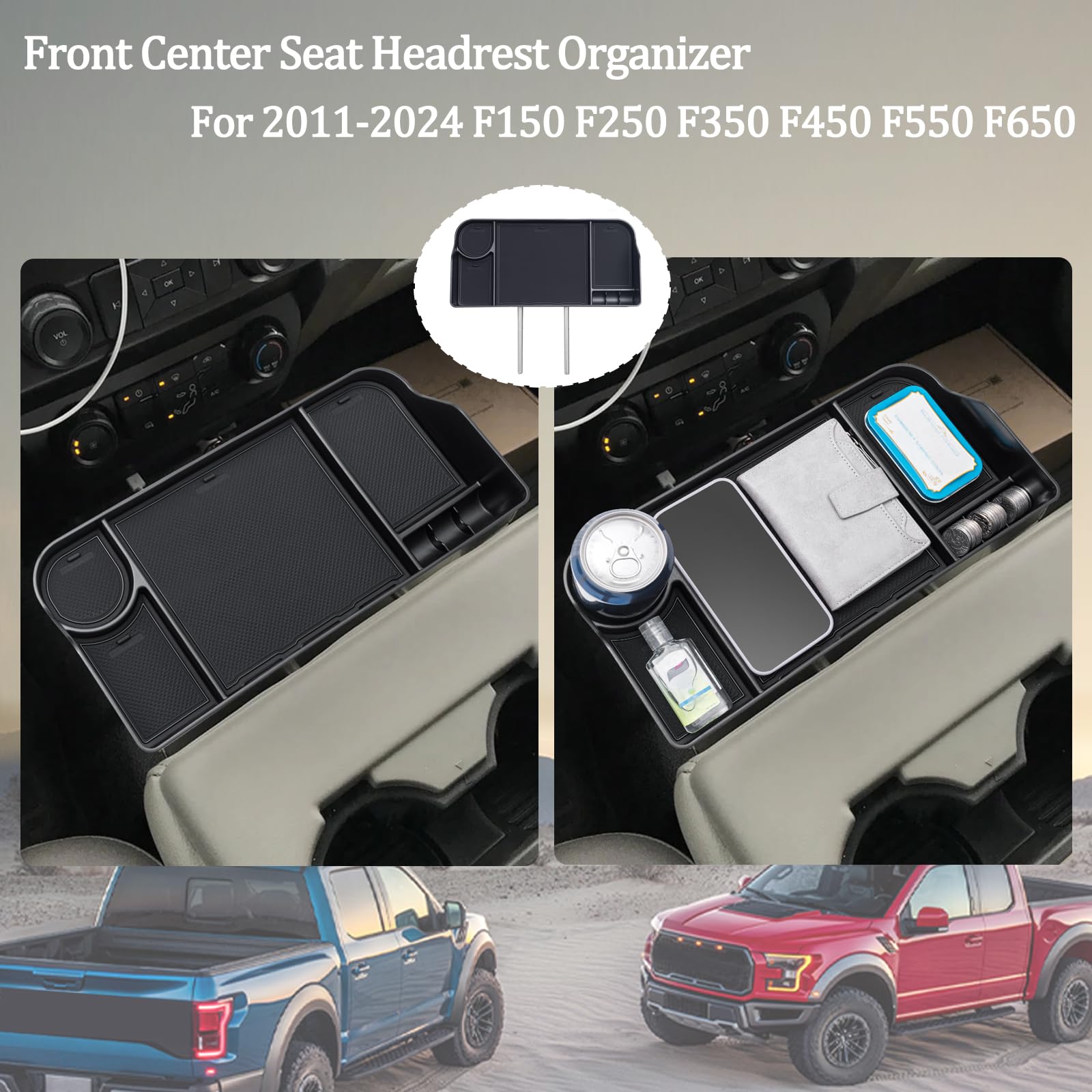 JDMCAR Front Center Seat Headrest Organizer for 2011-2025 Ford F150 F250 F350, ABS Plastic, Coin Storage Box with Non-Slip Mat