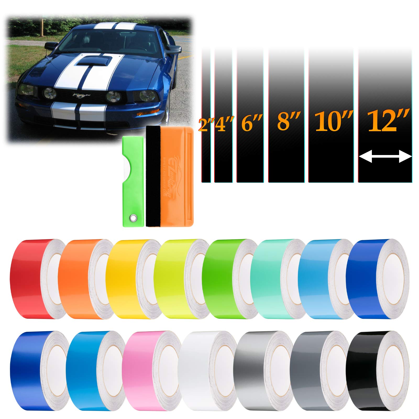Ezautowrap Free Tool Kit 8'' Wide 10Ft Long Gloss Glossy Red Racing Stripes Vinyl Wrap Rally Decals Stripe Sticker