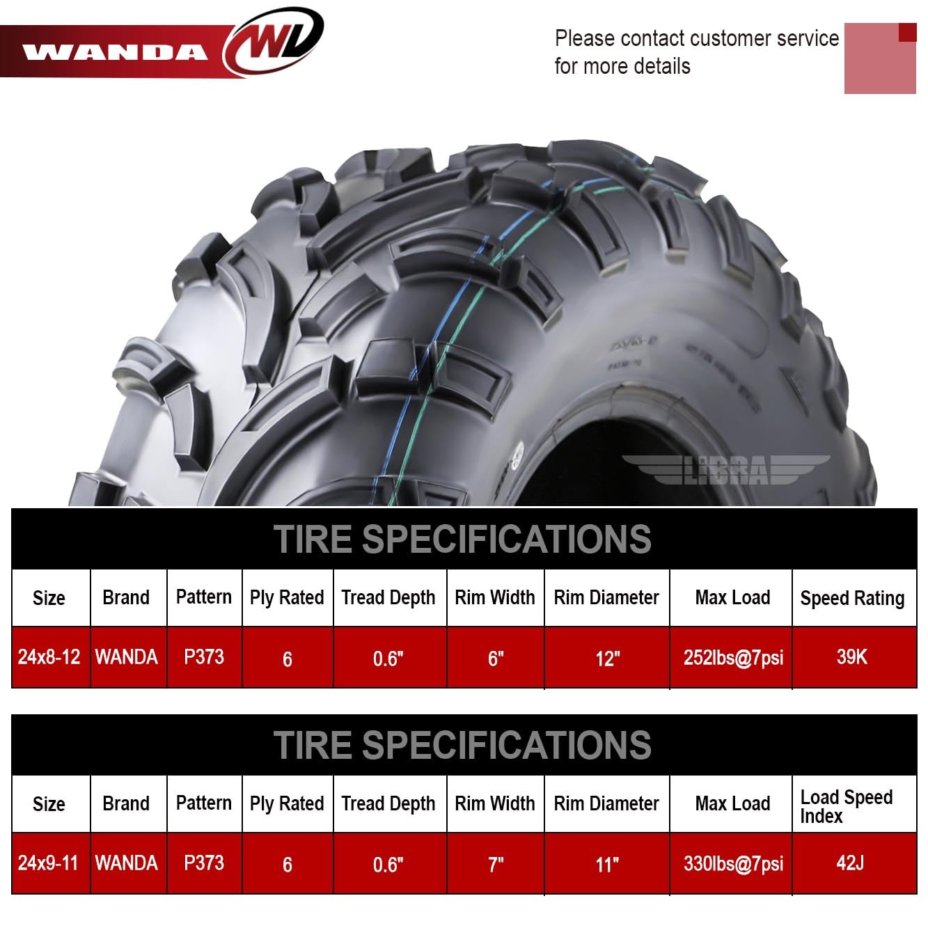 Wanda Utv Atv Tires 24X8-12 Front & 24X9-11 Rear /6Pr P373 Lit Mud