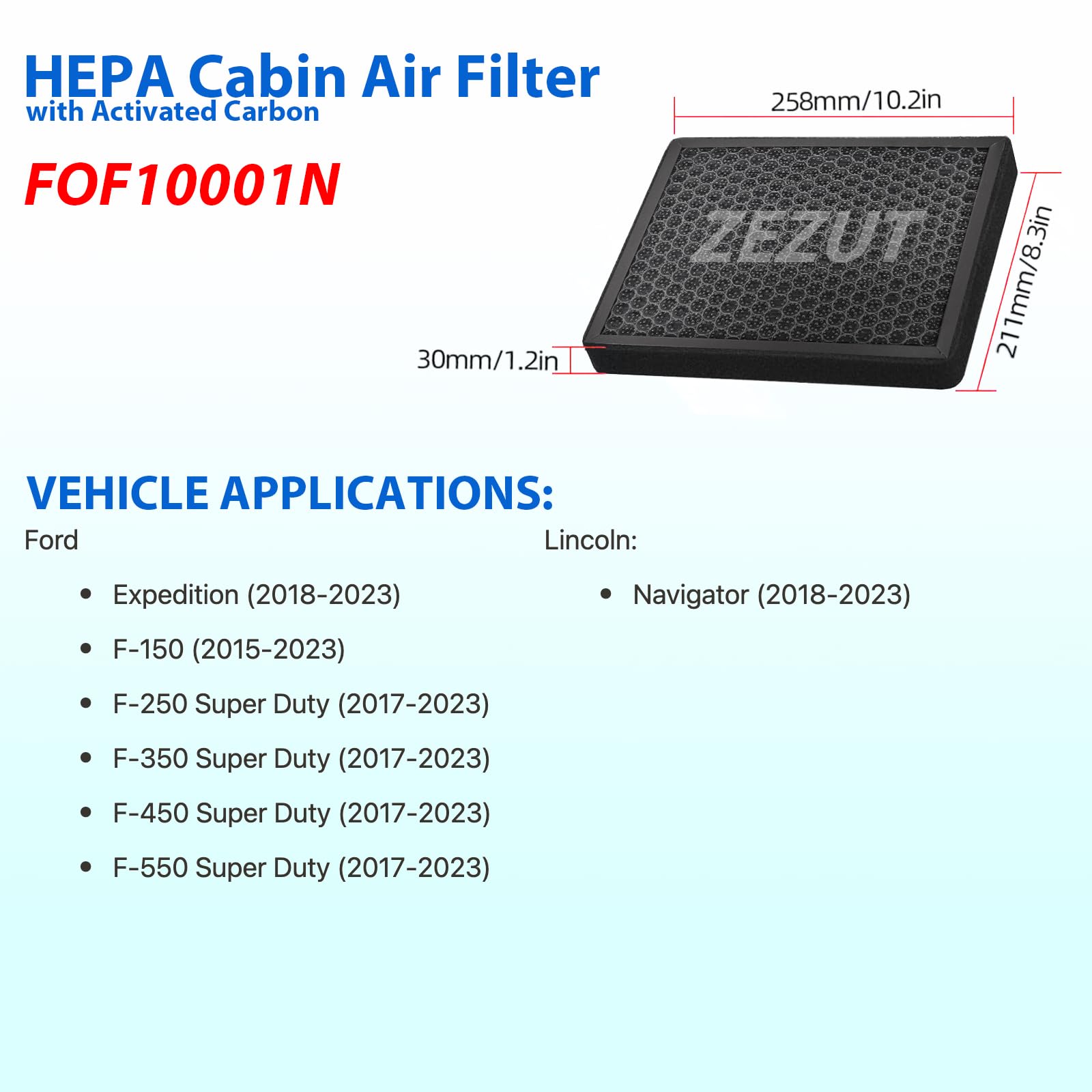 ZEZUT HEPA cabin air filter With Activated Carbon, fit Ford Expedition, F-150, F-250, F-350, F-450, F-550 Super Duty; Lincoln Na