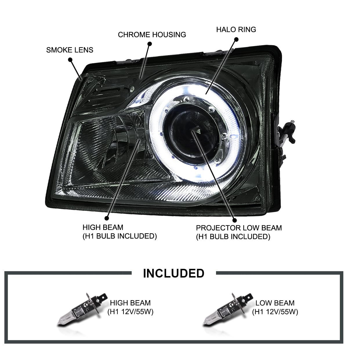 SPEC-D Tuning Projector Headlights with Halo Ring for 1998-2000 Ford Ranger, Smoke Lens, Left + Right Pair, Model LHP-RAN98G-RS