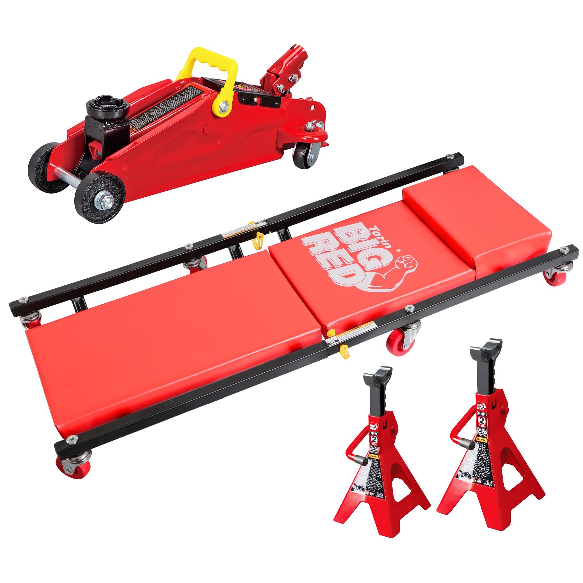 Big RED AT82040R Torin Hydraulic Trolley Floor Service/Floor Combo with 2 Jack Stands and Rolling Garage/Shop Creeper, 2 Ton (4,