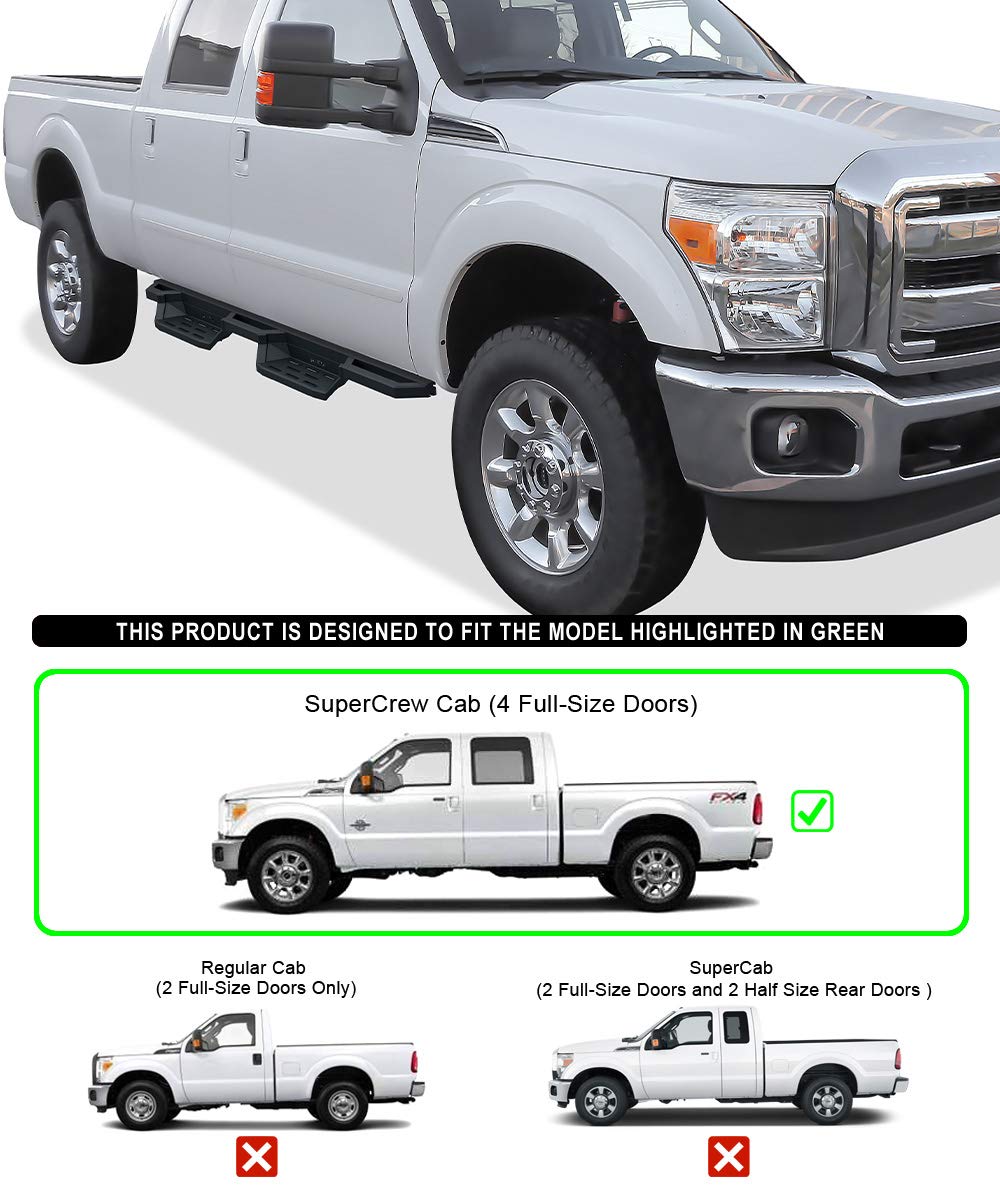 APS 6.5in Stainless Steel Side Bars Pocket Steps Rocker Guards for Ford F250 F350 SuperDuty Crew Cab 99-16, SS Black, Model IA-77370112