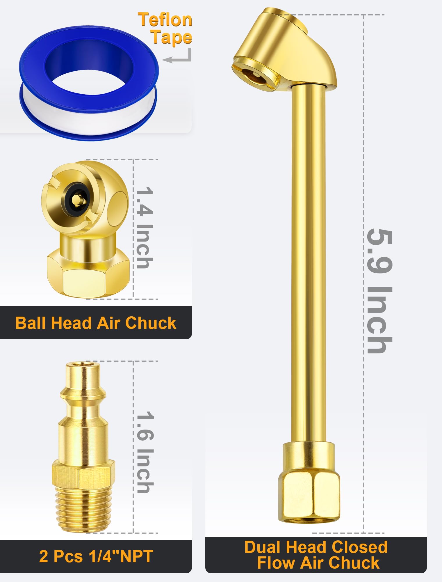 Evoultes 2-Way Connection Air Chuck Set, Heavy Duty Dual Head Air Chuck With Closed Ball Tire Chuck & 1/4 Inches Npt Male Quick