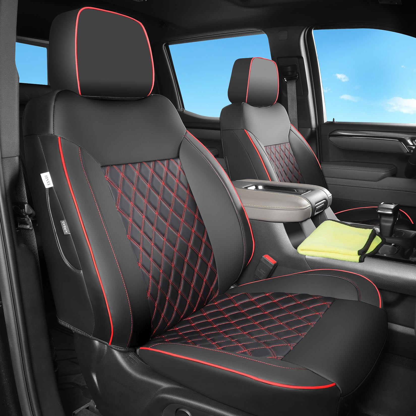 TANDI Faux Leather Seat Covers for 2019-2025 Chevy Silverado & GMC Sierra, Full Set (SG-A), Black with Red Trim