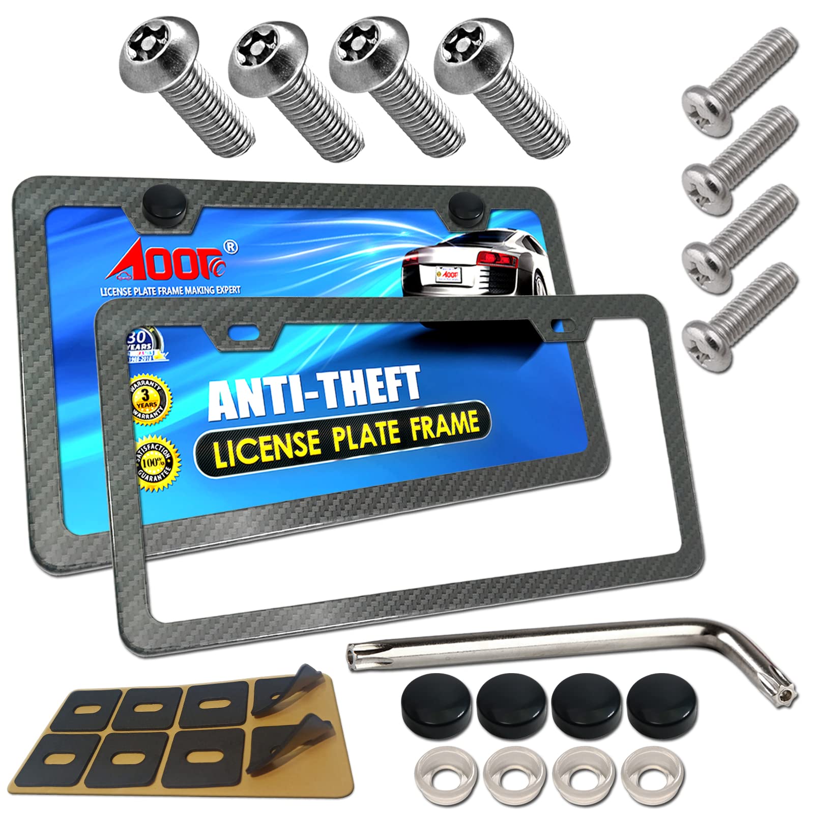 Aootf Carbon Fiber License Plate Frames- Anti Theft Black Aluminum Printed Carbon Patterns For Front Rear Car Tag Holder, With S