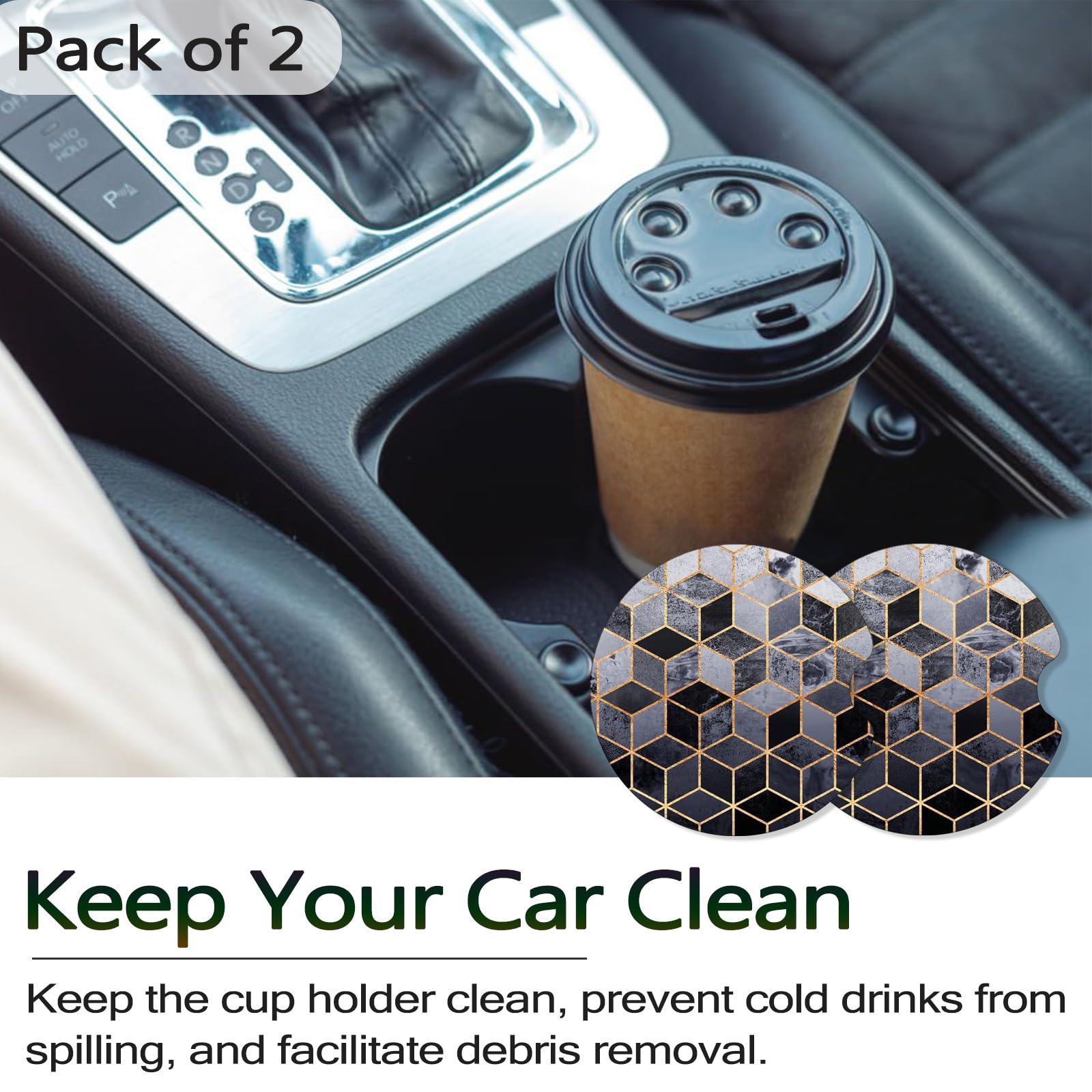 FJyuanqi Car Coasters for Cup Holders, 2 Pack Anti Slip Universal Rubber Cup Coaster - Geometric Black Gold Marble