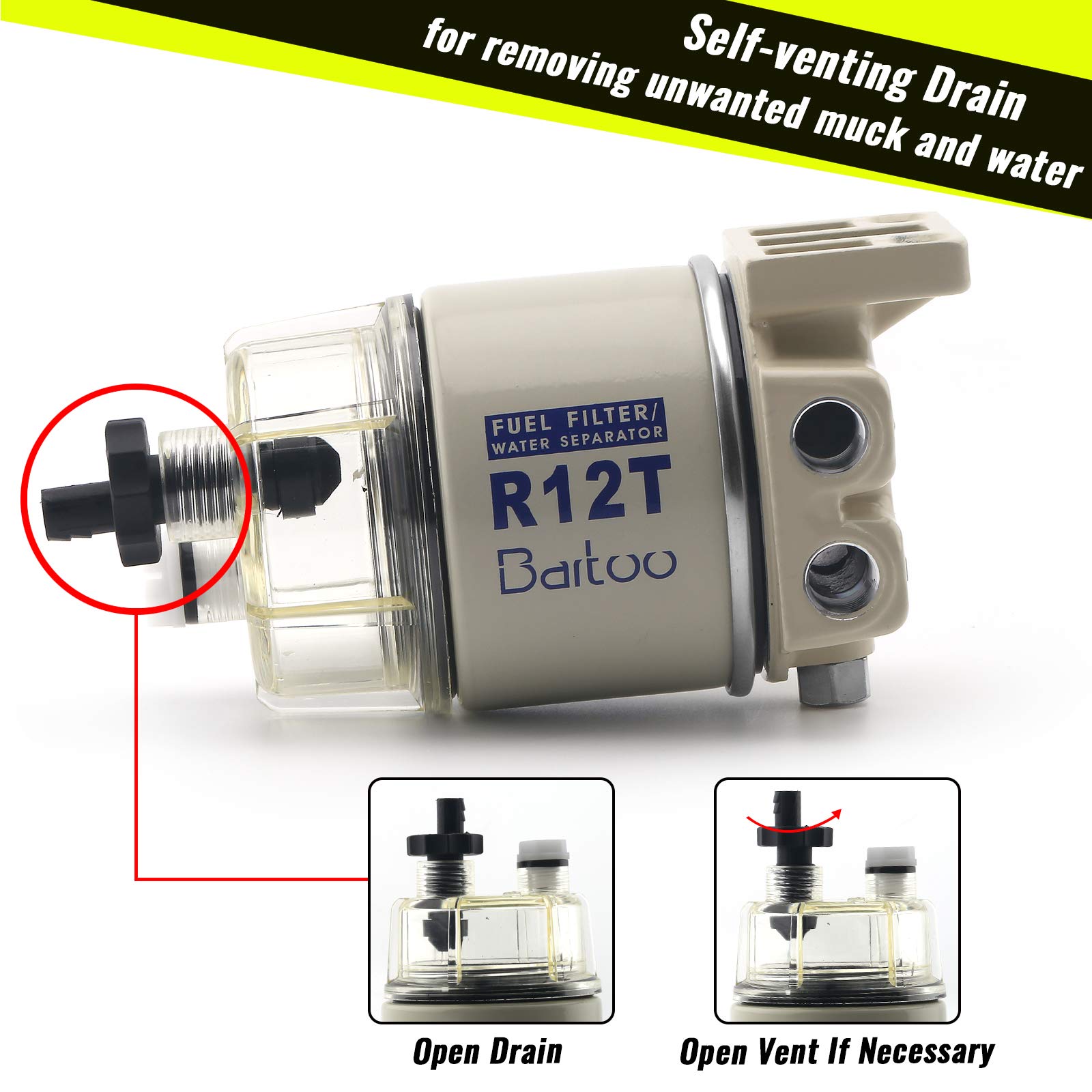 Bartoo R12T Fuel Water Separator Marine,10 Micron Fuel Filter Marine Parts Replace S3240 120At Npt Zg1/4-19 Fit 3/8-Inch Npt Out