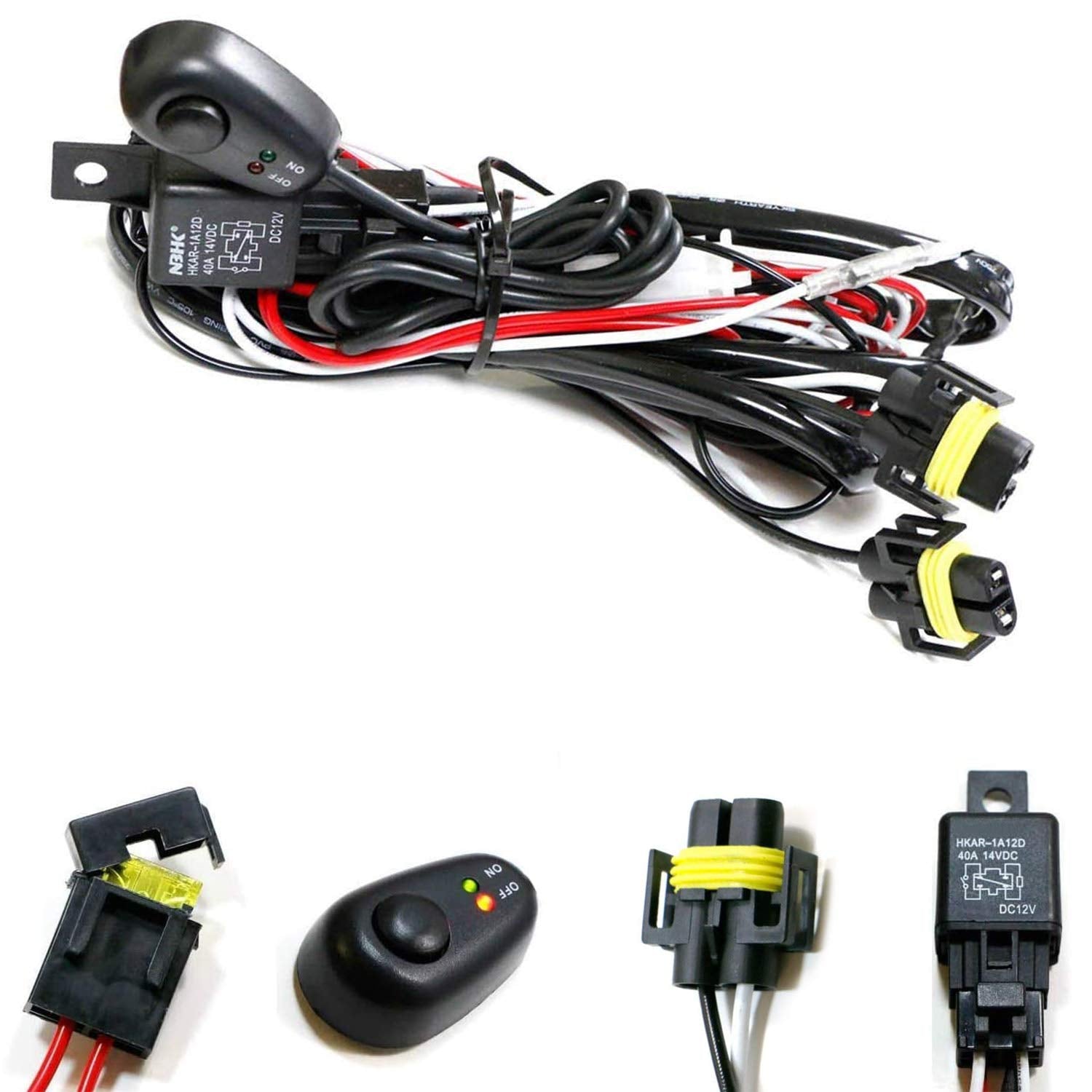 iJDMTOY (1) H11/H8 Relay Harness Wire Kit with LED Light ON/Off Switch Compatible with Automtive Driving Light, Fog Light, Off-R