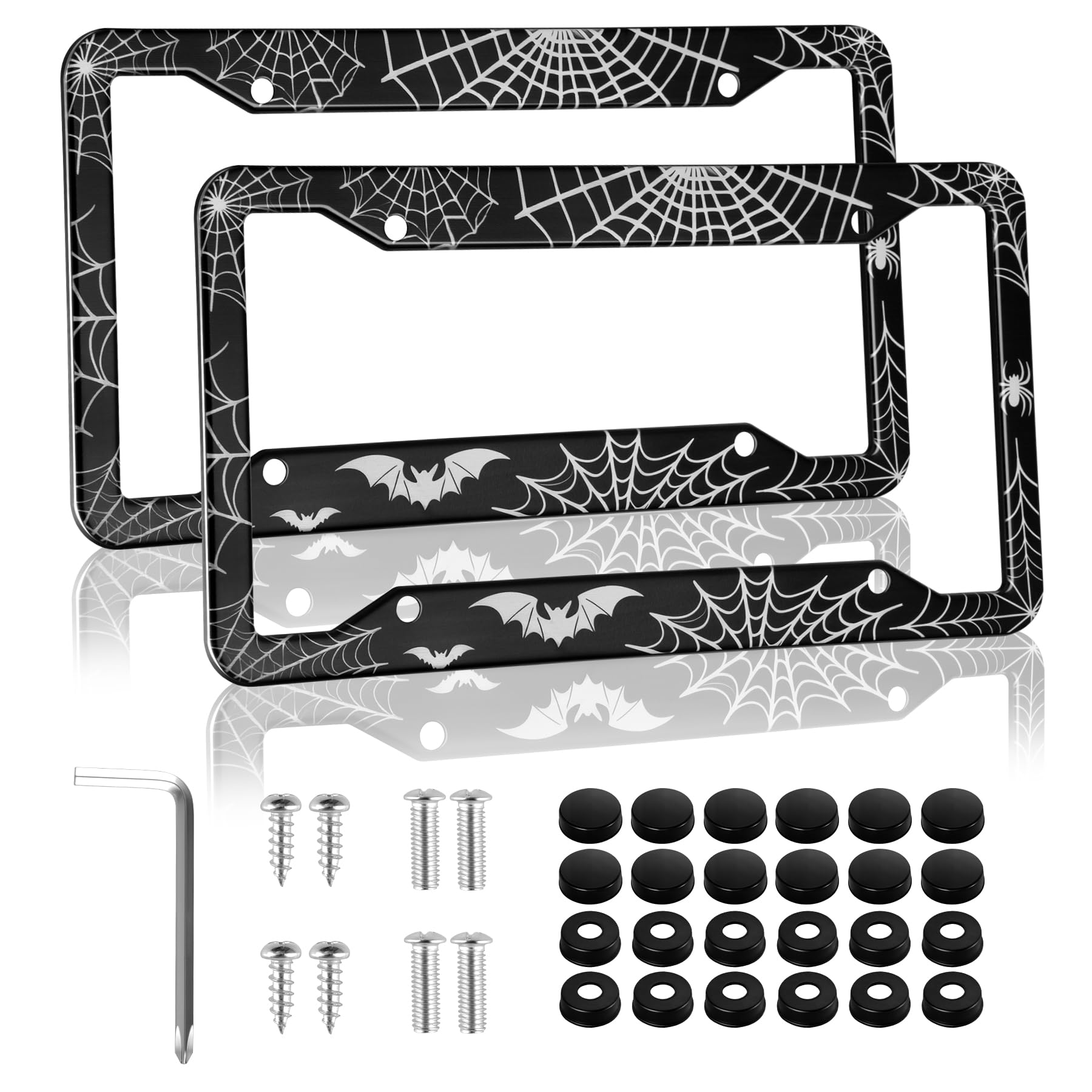 alpmosn 2PCS Spider License Plate Frames, 4 Holes Stainless Steel Car Licence Plate Covers with Screws Washers and Caps, Hallowe