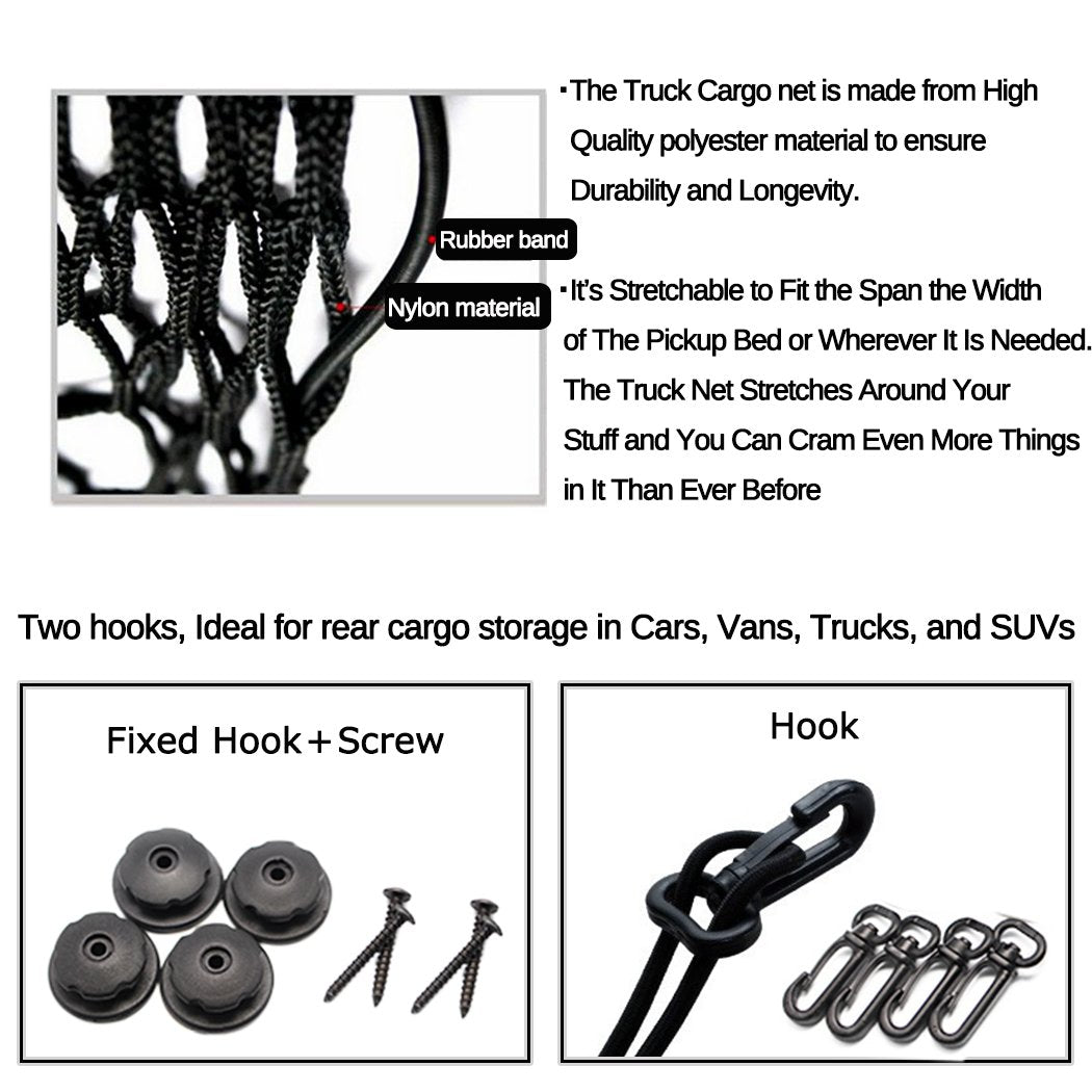 Premium Quality Adjustable Elastic Cargo Net Universal Stretchable Truck Net With Hooks,Storage Bag For Car, Suv, Truck, Pickup