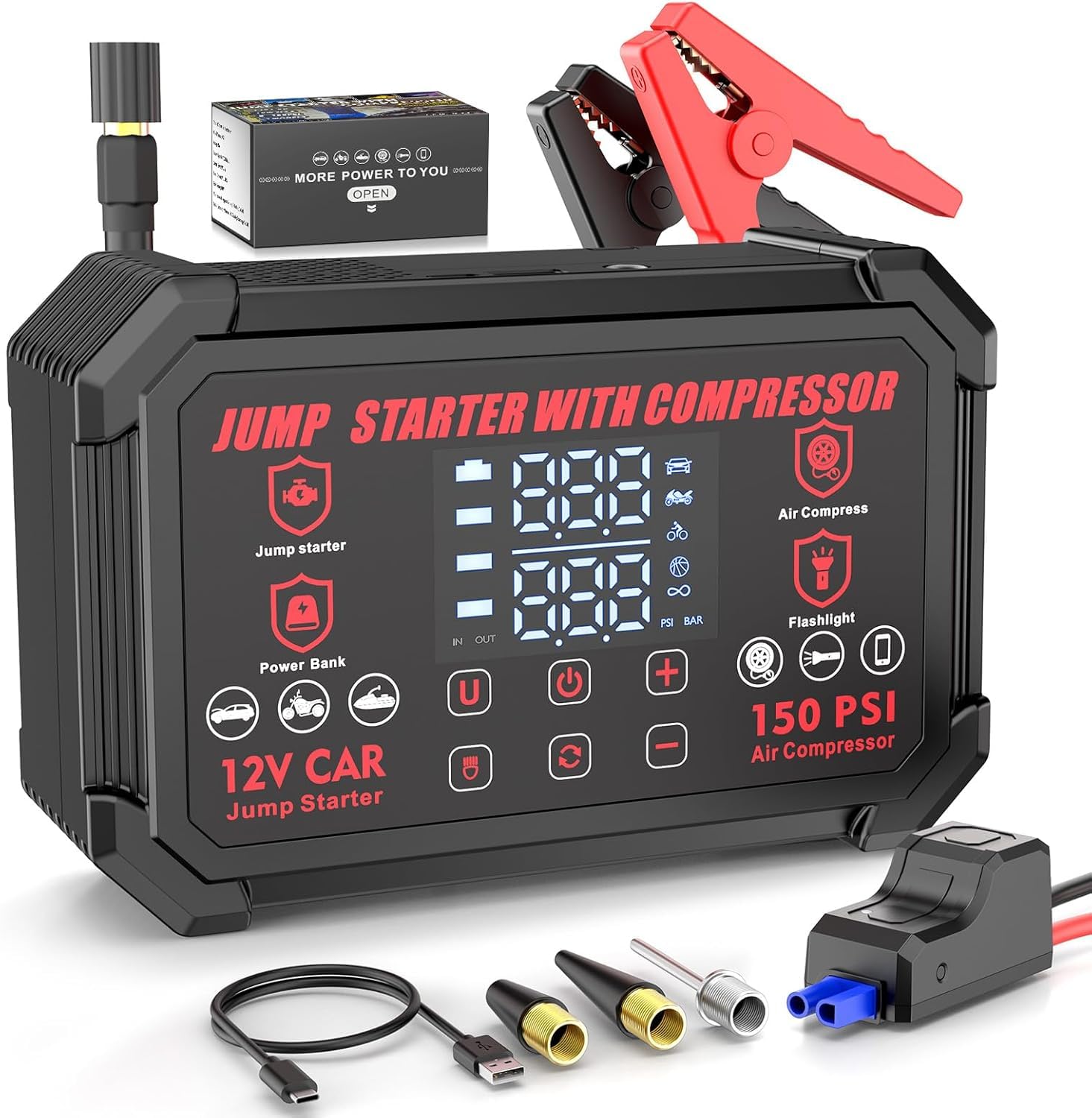 Jump Starter with Air Compressor, 4000A Peak Portable Car Battery Jumper Starter with 150PSI Auto-Shutoff Tire Inflator, 12V Car