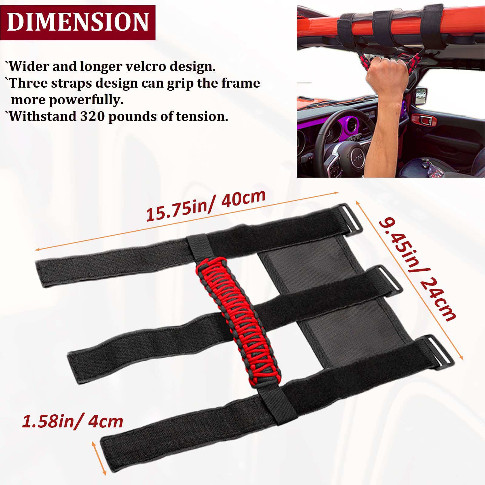 For Jeep Wrangler Accessories Roll Bar Grab Grip Handle Trim For Compatible With Jeep Wrangler Yj Tj Jk Jku Jl Jlu 1955-2023 Gladiator Jt Utv & Atv Door Assist Woven Holder (Red, 2Pcs)