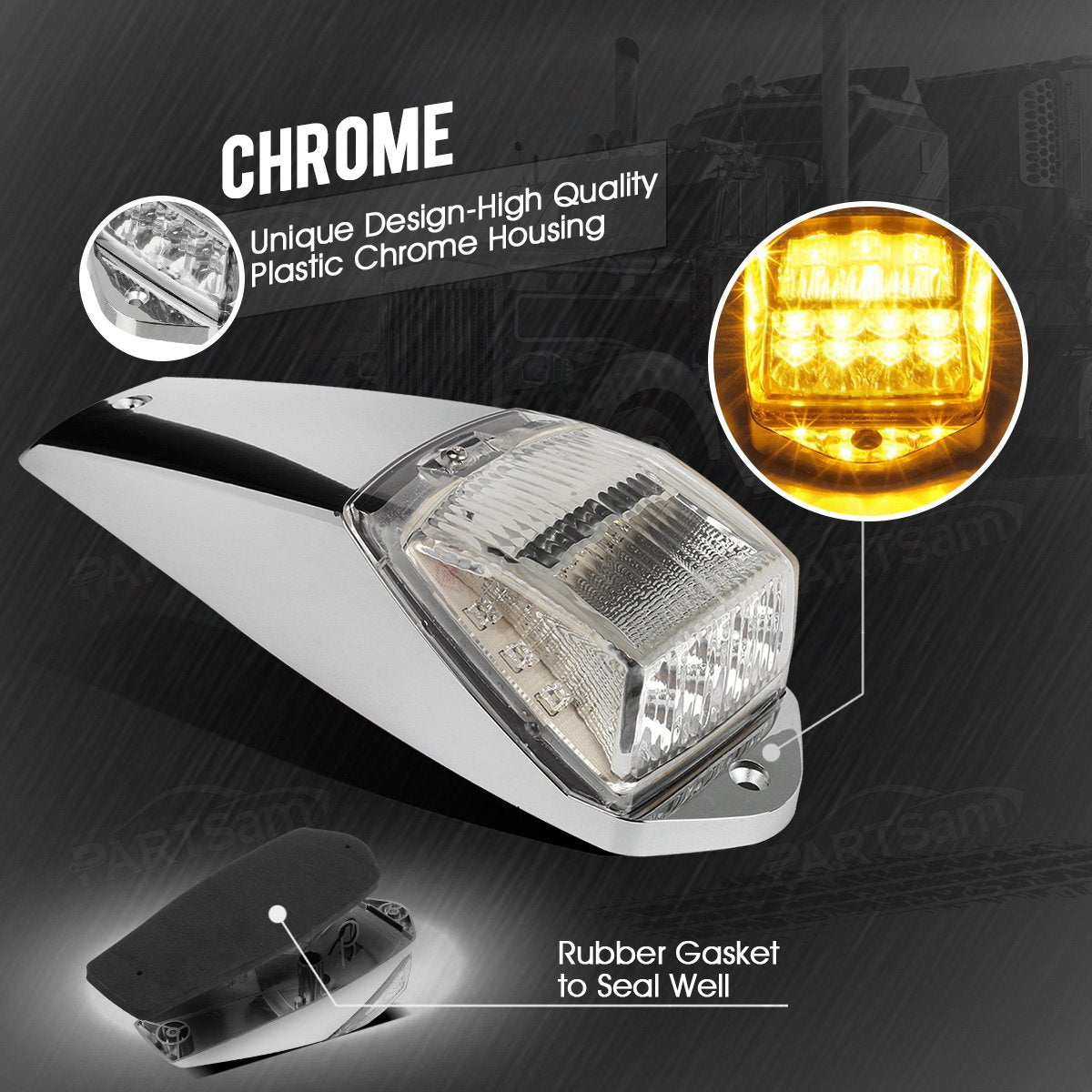 Partsam Truck Cab Lights 5Pcs Clear/Amber Top Roof Running Led Marker Lights Waterproof 17 Led W/Chrome Base Compatible With Pet