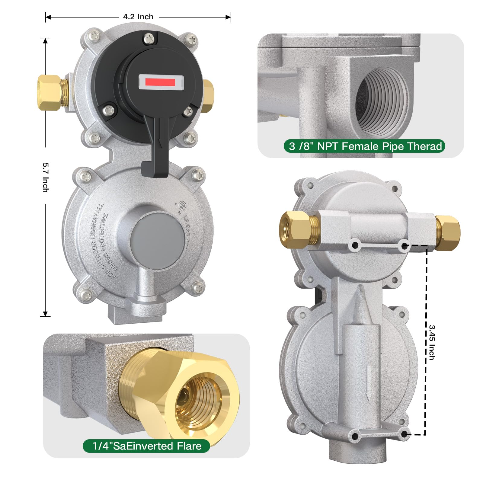 2-Stage Automatic Changeover LP Propane Gas Regulator with Two 18 RV Pigtail Propane Hoses&4ft Outlet Propane hose,Braided QCC
