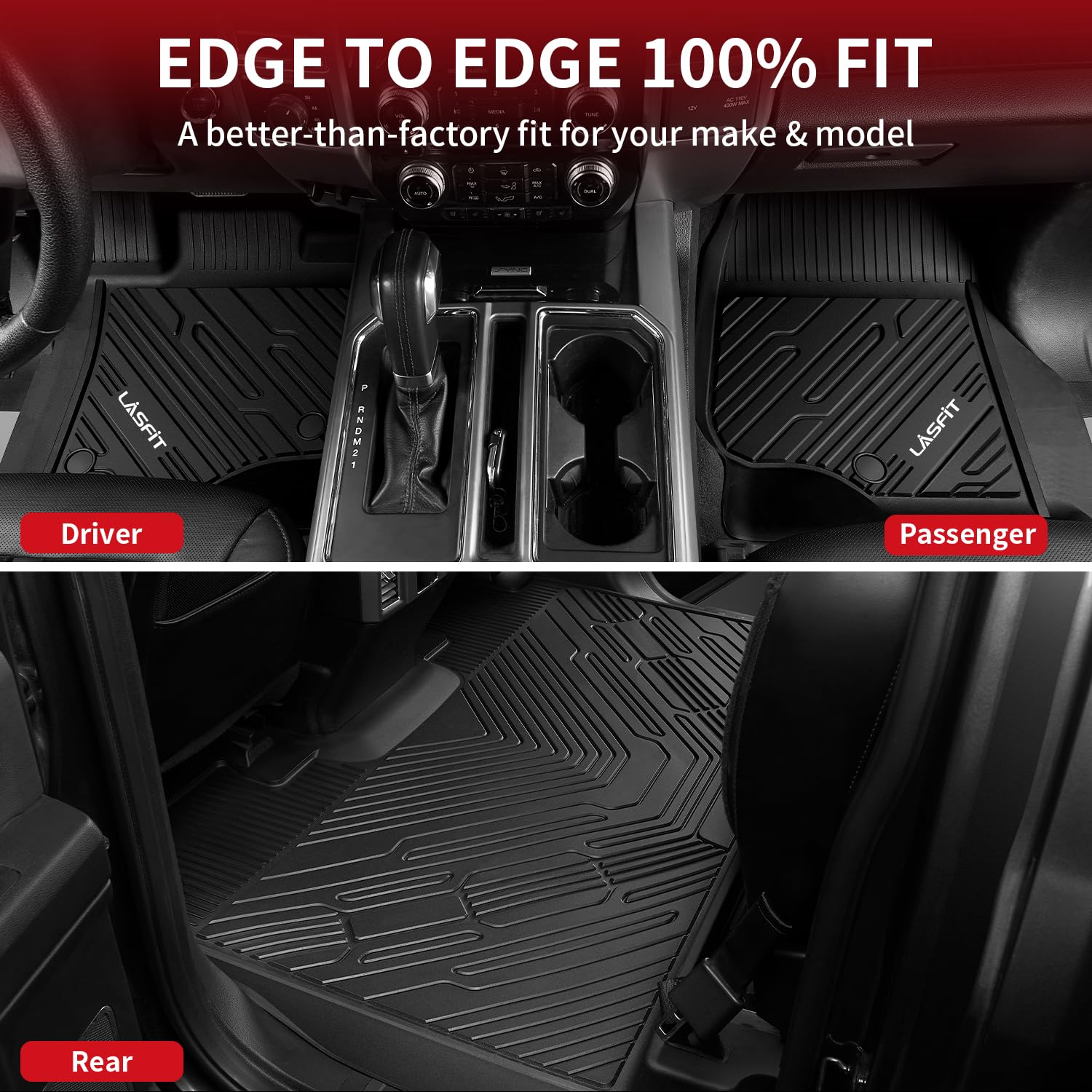 Lasfit Floor Mats For Ford F250 F350 F450 F550 2017-2025 Superduty Crew Cab Rear With Under-Seat Fold-Flat Storage All Weather T