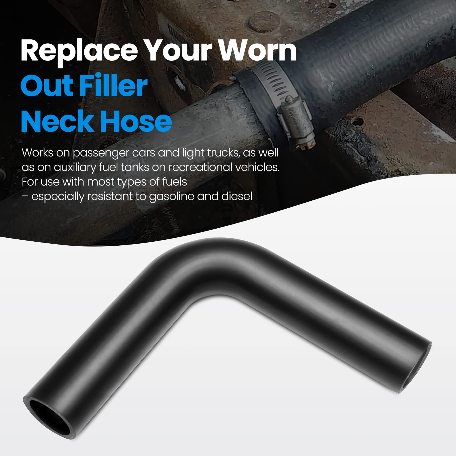 Tkkeuep Gasoline Fuel Filler Neck Hose With 4 Clamps, 2.5 Inches Inside Diameter, Reinforced Gas Tank Hose (90 Degree, 2.5'' Id)