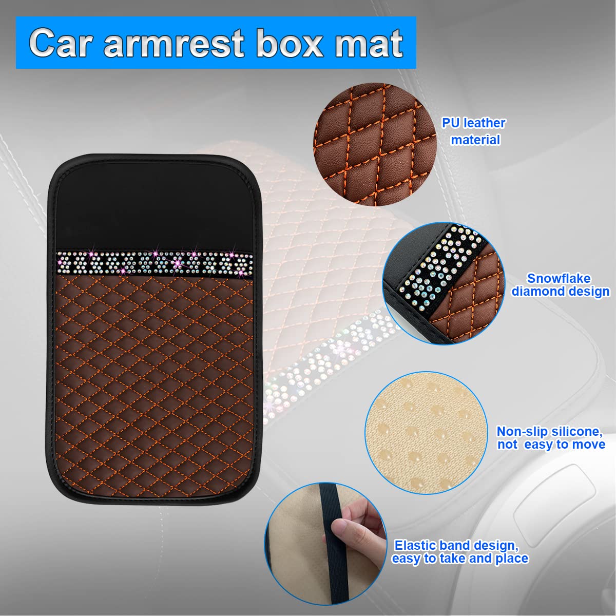 Bling Leather Car Center Console Cover, Car Center Console Protector With Glossy Crystal Rhinestone, Universal Waterproof Car Armrest Seat Box Cover For Most Car, Vehicles, Suvs, Trucks (Brown)