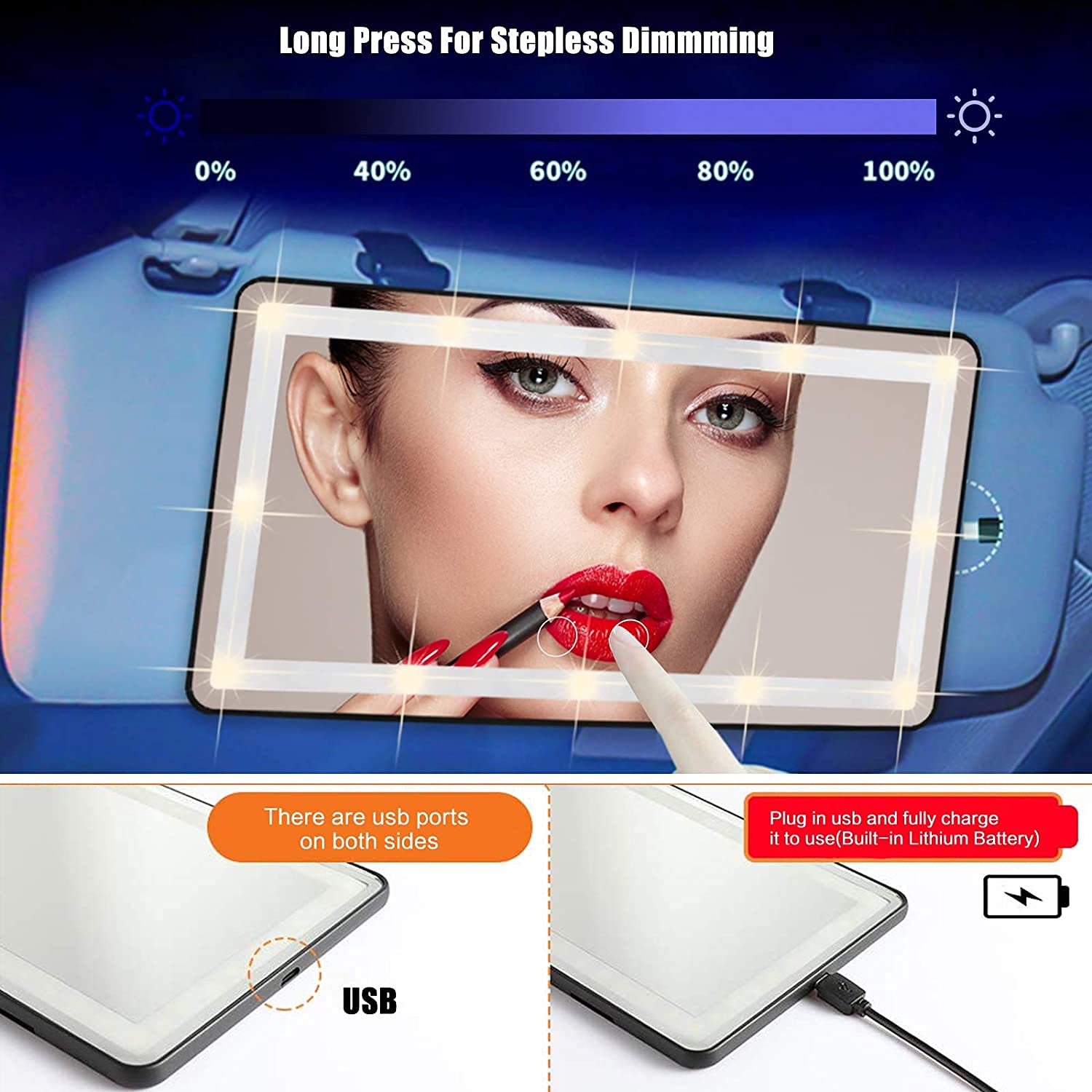 Car Sun Visor Vanity Mirror, Makeup Mirror With 3 Light Modes & 60 Leds Rechargeable Led Light Car Mirror With Dimmable Touch Sc