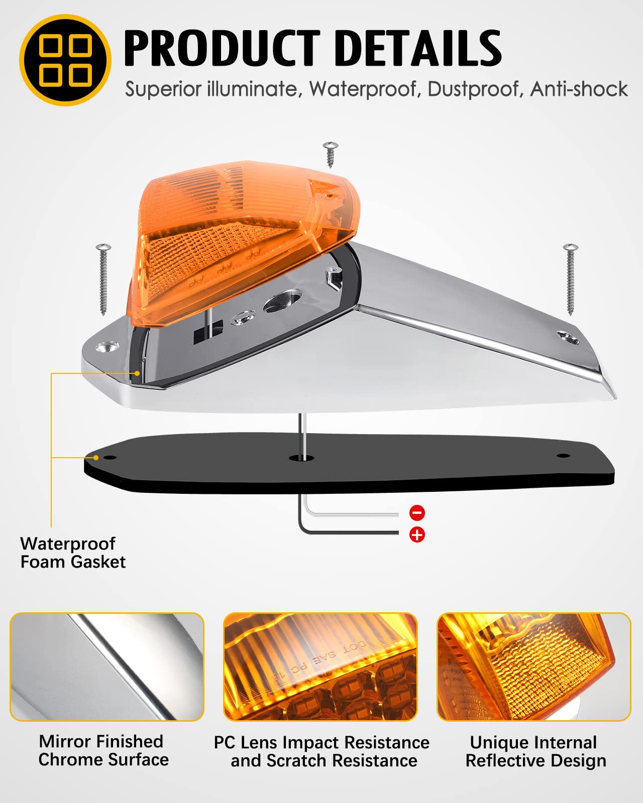 Partsam Amber Cab Marker Light - 31 LED Waterproof Roof Lights for Peterbilt, Kenworth, Freightliner, Mack, Paccar Trucks