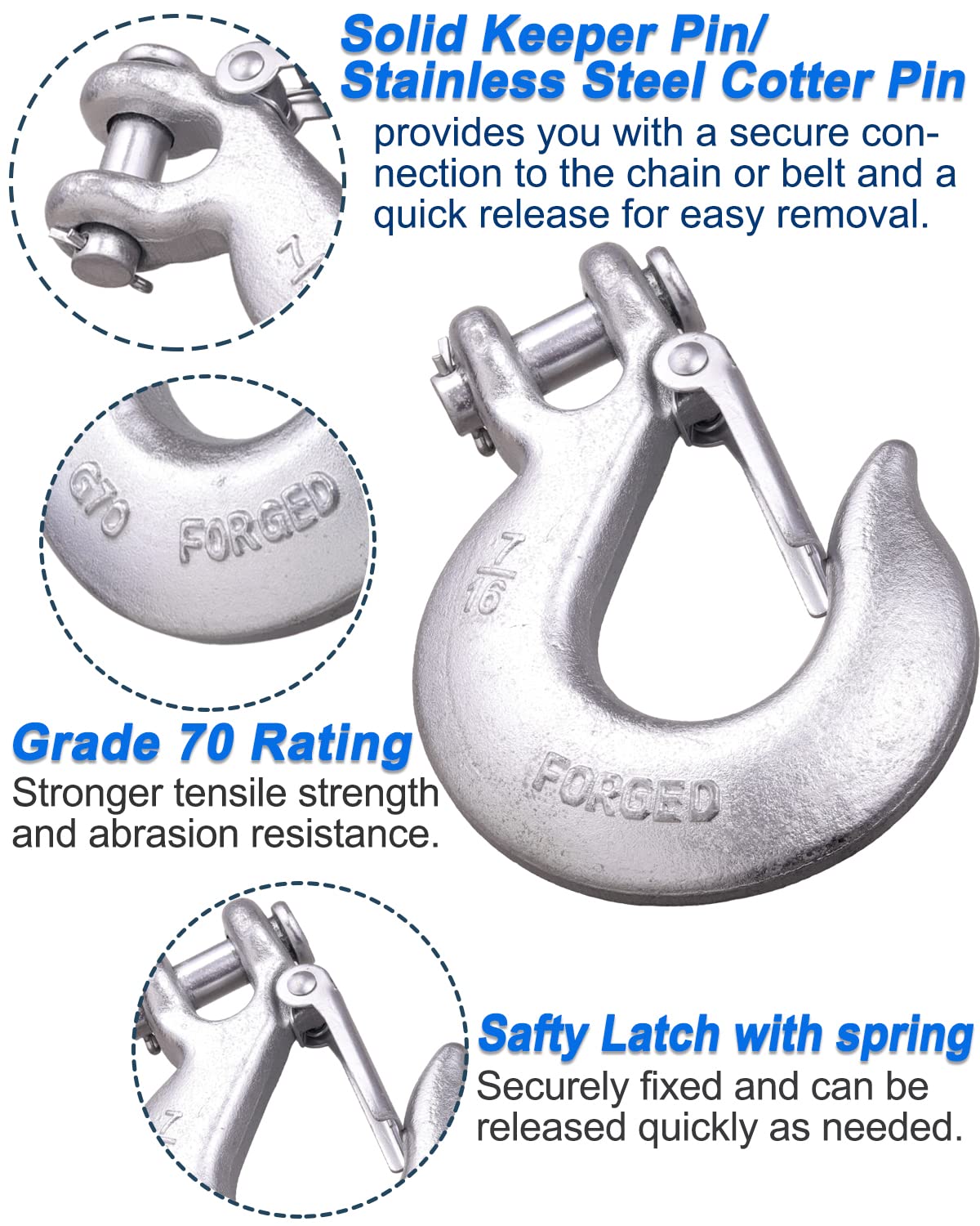 Wenhuali 7/16 Inch Safety Chain Hooks, Clevis Slip Hook With Safety Latch, Grade 70 Forged Steel 24,000 Lb For Trailer Truck Tra